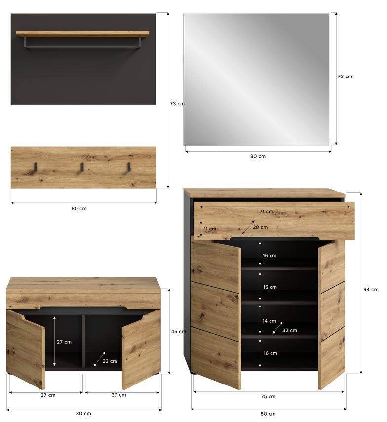 Garderobe CANU edles Basaltgrau Nachbildung Eiche Artisan Nachbildung B/H/T: ca. 175x180x37 cm