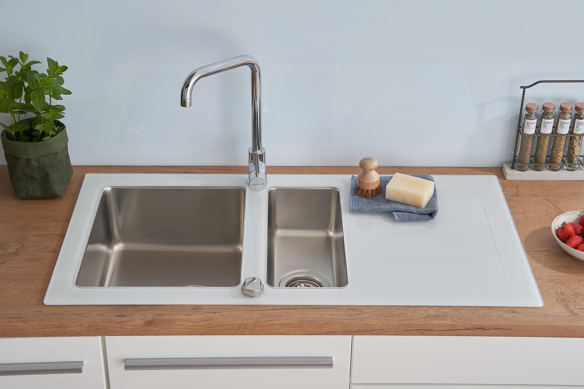 Respekta Einbauspüle New York 100 x 50 W weiß Glas Edelstahl B/H/T: ca. 100x21x50 cm