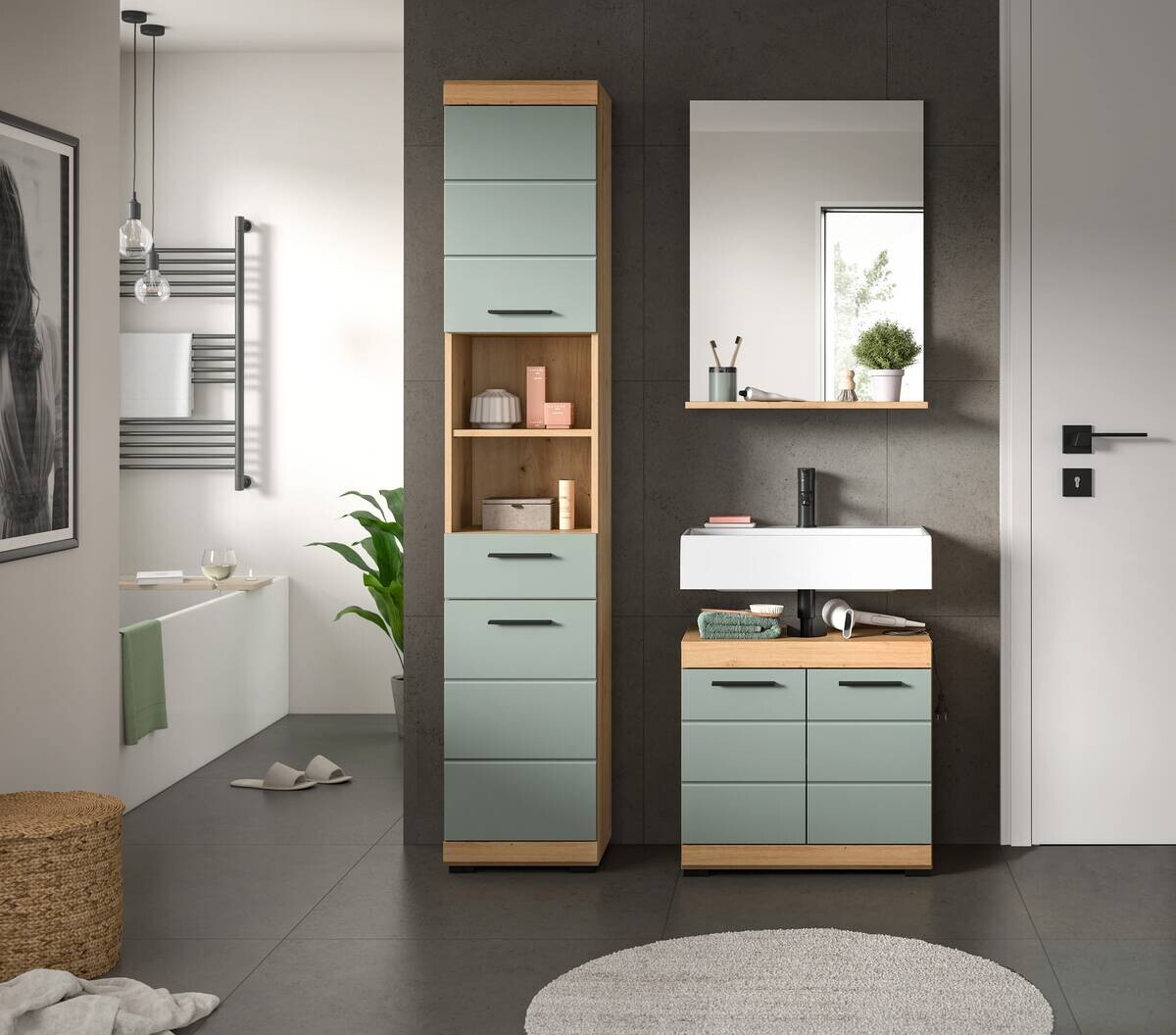 Badezimmer-Set Scout Eiche Artisan Nachbildung salbei Nachbildung B/H/T: ca. 112x191x34 cm