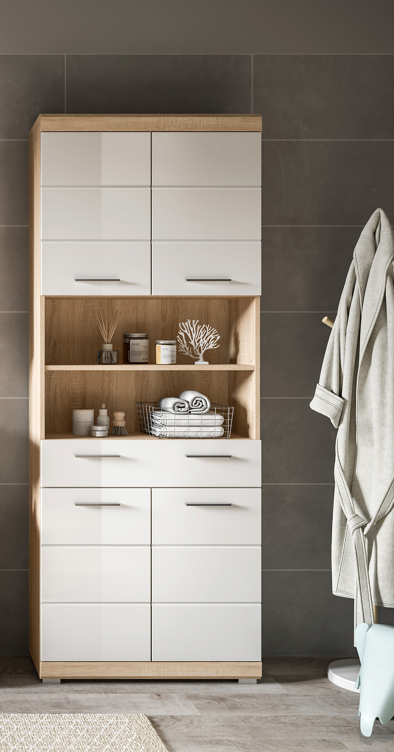 Badhochschrank Lambada Eiche Sonoma Nachbildung weiß Hochglanz B/H/T: ca. 74x191x31 cm