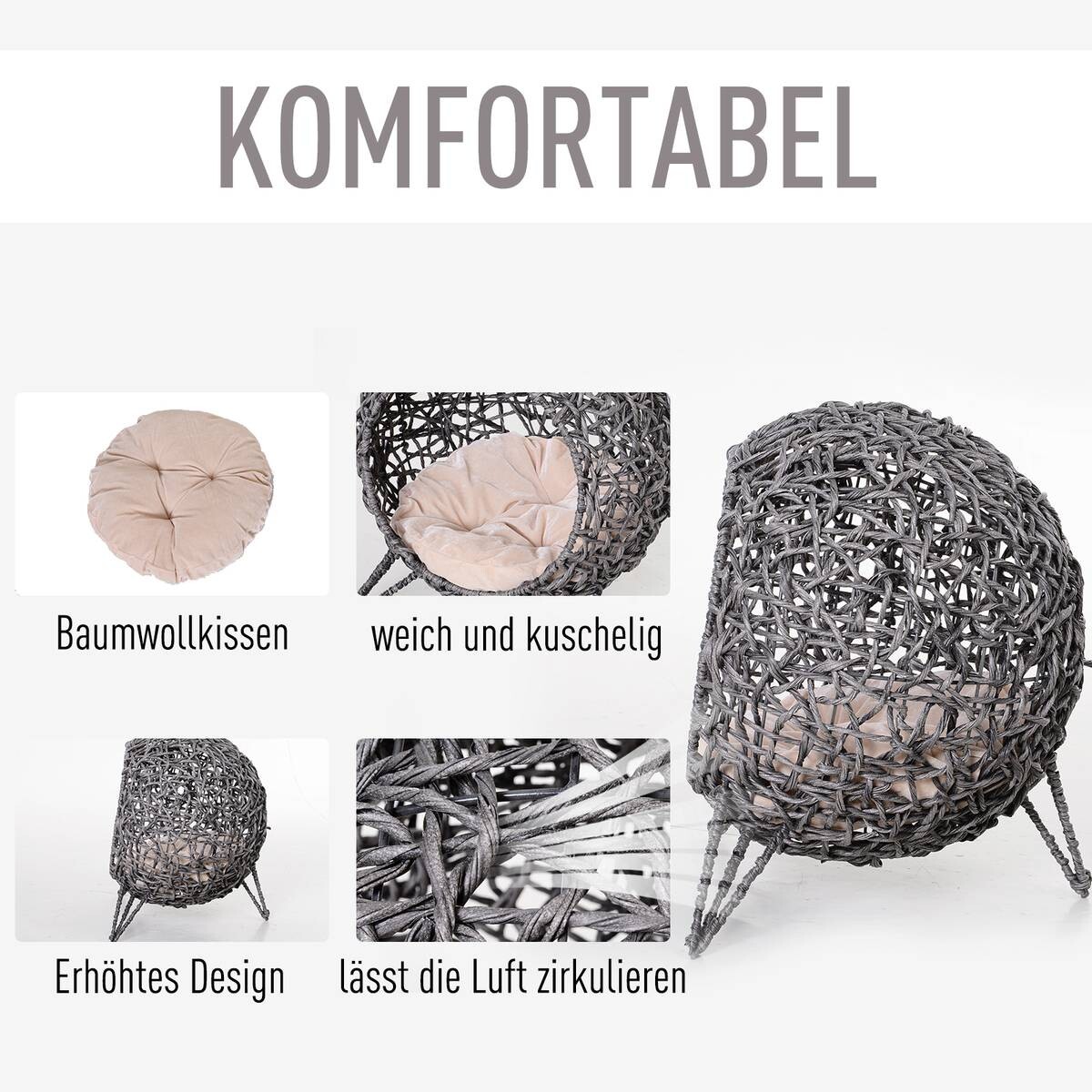 PawHut Katzenkorb Silbergrau Rattan B/H/L: ca. 52x58x52 cm