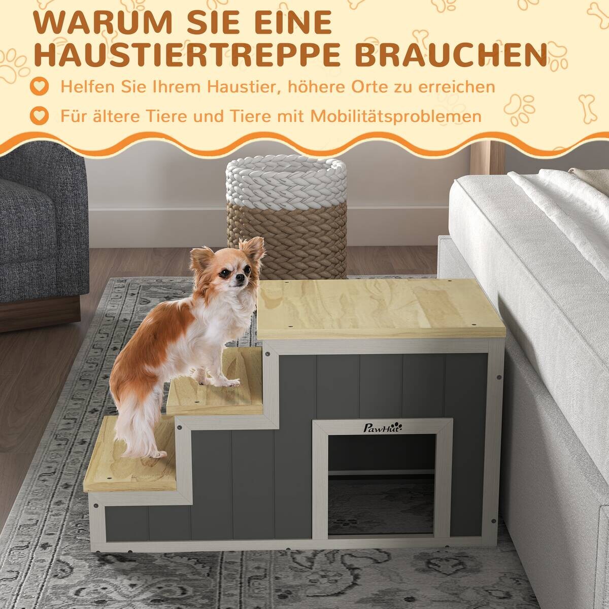 PawHut Hundetreppe, Katzentreppe natur Polypropylen B/H/L: ca. 38,5x79x45 cm
