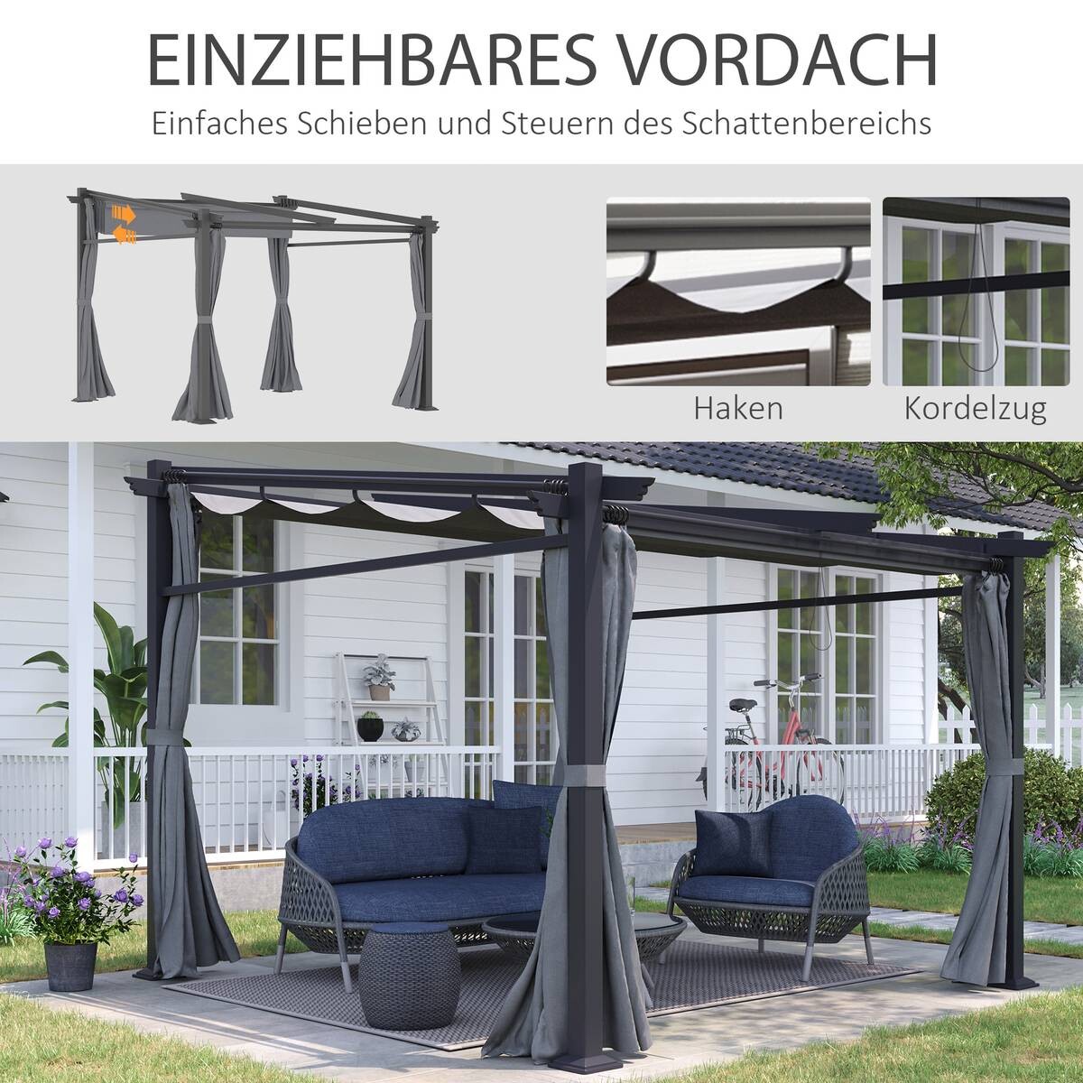 Outsunny Pergola mit Sonnendach grau Polyester B/H/L: ca. 295x230x297 cm