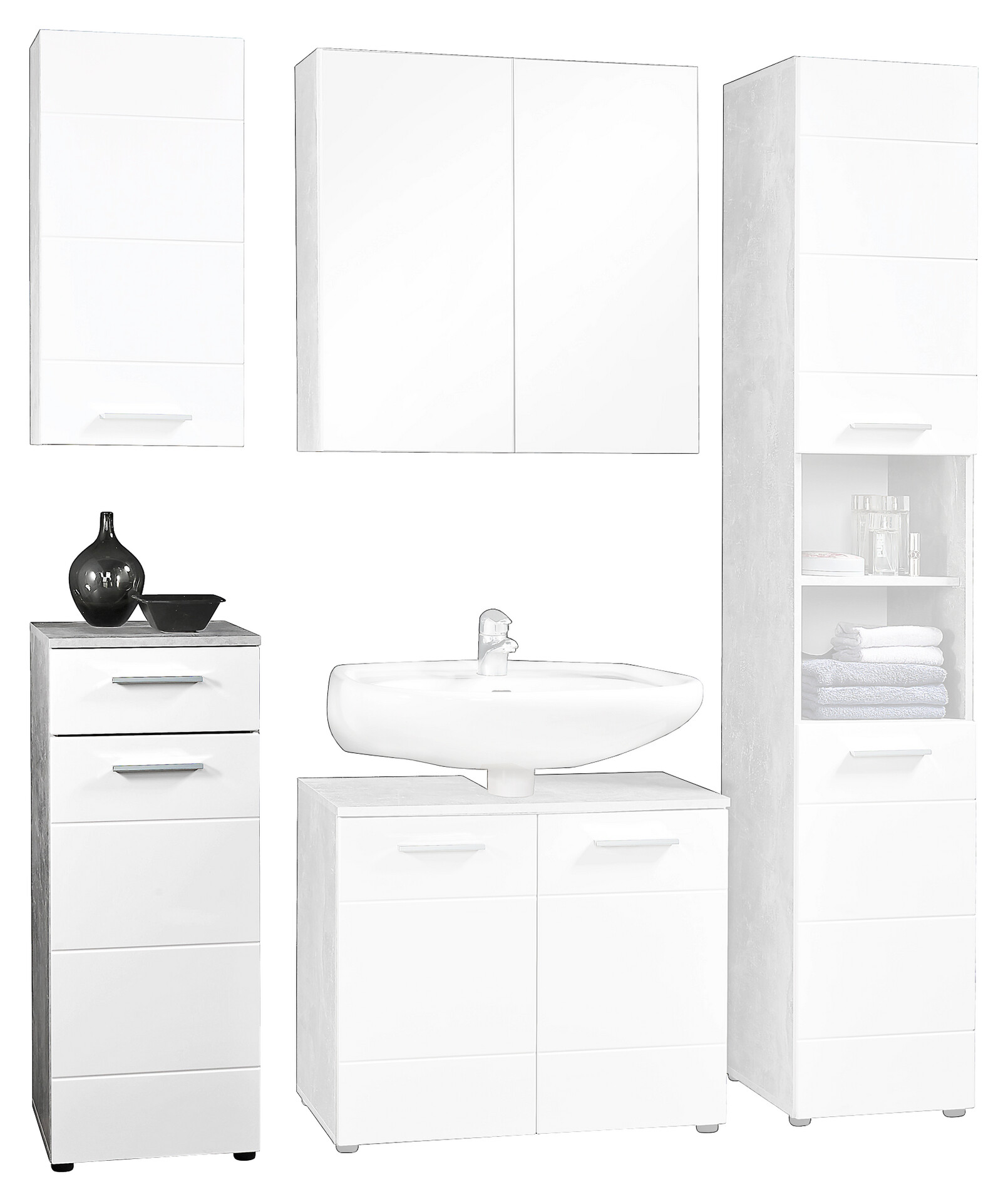 Badkommode Stockholm Beton Optik weiß Hochglanz B/H/T: ca. 35x89x35 cm