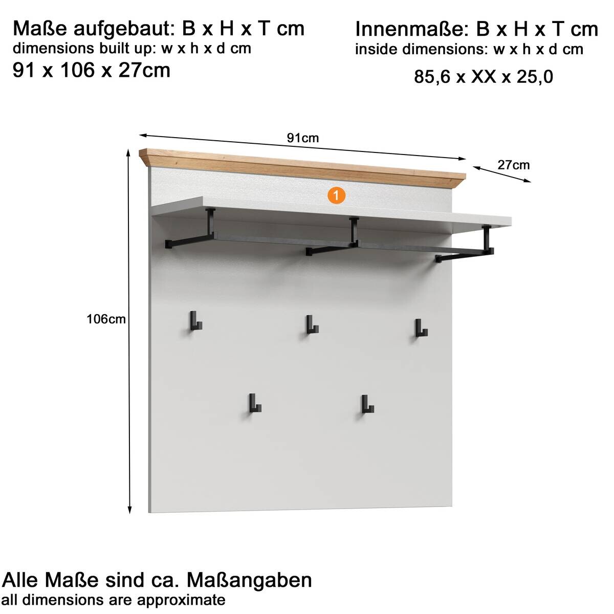 Garderobenpaneel Landside Lichtgrau Eiche Artisan Nachbildung B/H/T: ca. 91x82x27 cm