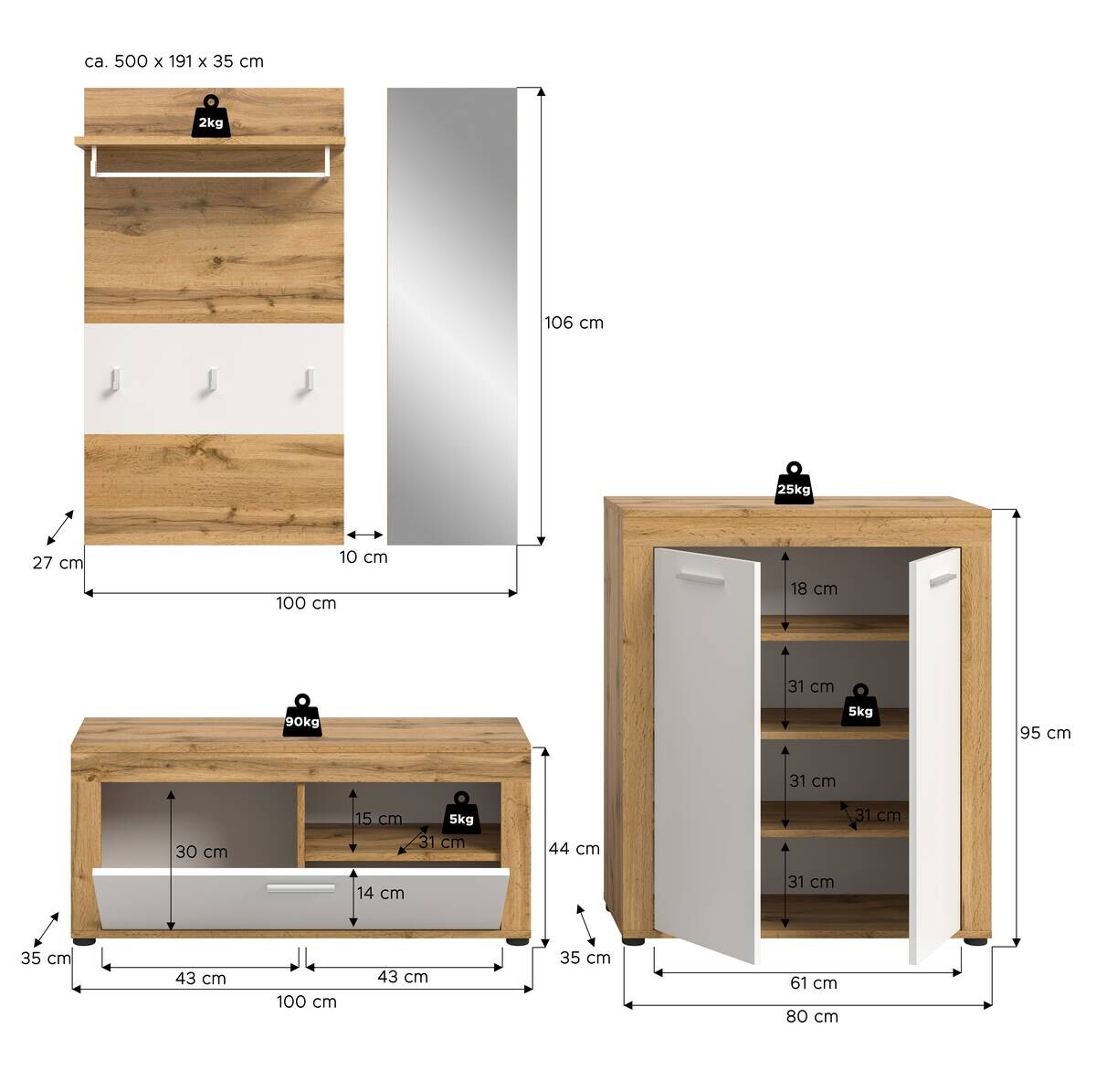 Garderobe JAM Eiche Wotan Nachbildung weiß B/H/T: ca. 200x191x35 cm