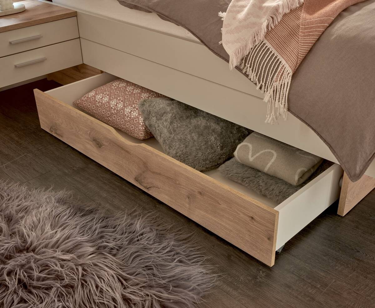 Bettanlage Moledo Eiche Viking Nachbildung hellgrau B/H/T: ca. 296x102x216 cm Liegefläche B/L: ca. 180x200 cm