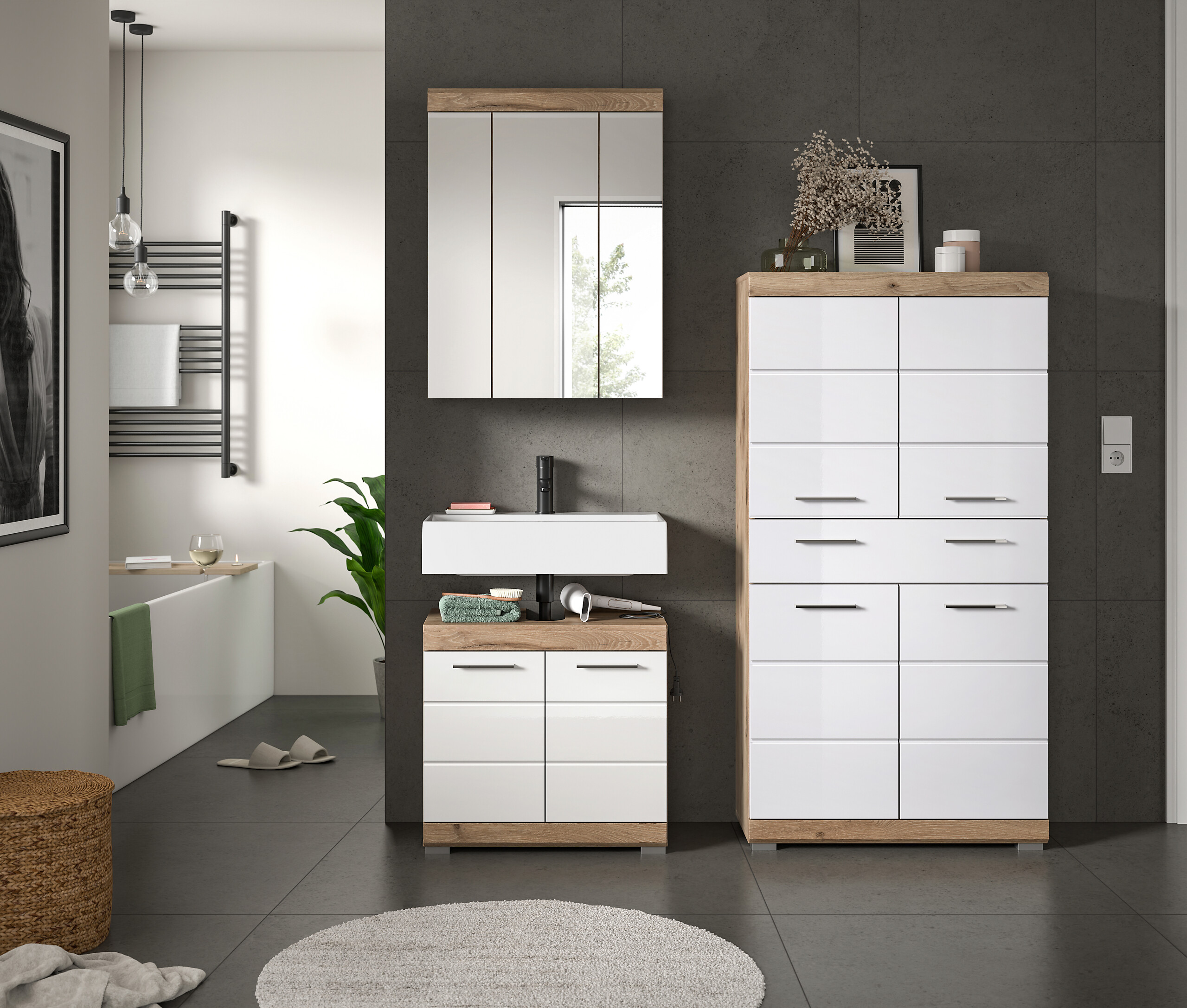 Badezimmer-Set Wave weiß Hochglanz Nox Oak Nachbildung B/H/T: ca. 149x191x34 cm Badezimmer-Set Wave weiß Hochglanz Nox Oak Nachbildung B/H/T: ca. 149x191x34 cm