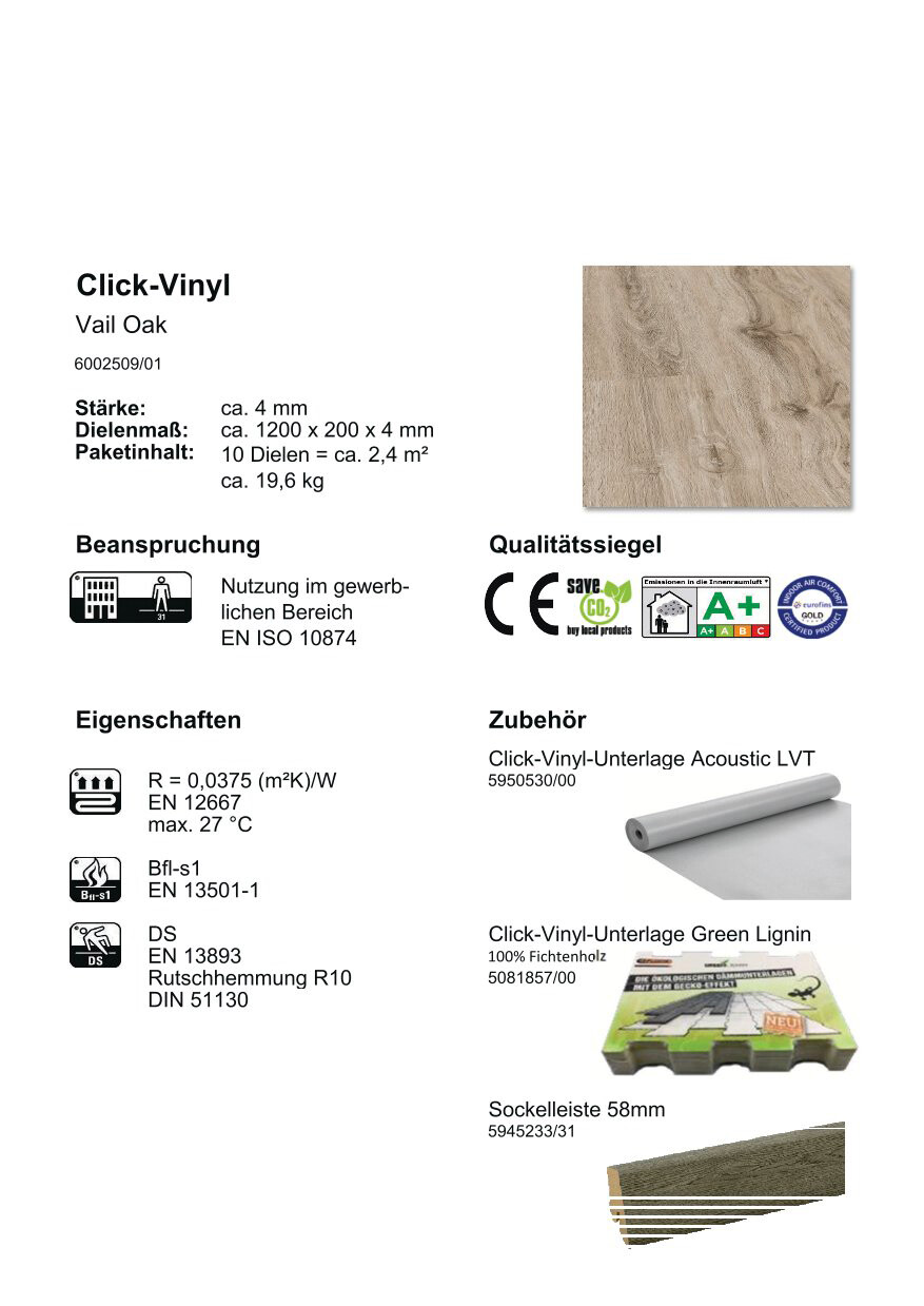Click-Vinylboden Vail Oak ca. 2,4 m² im Paket  B/L: ca. 20x120 cm pro Paket
