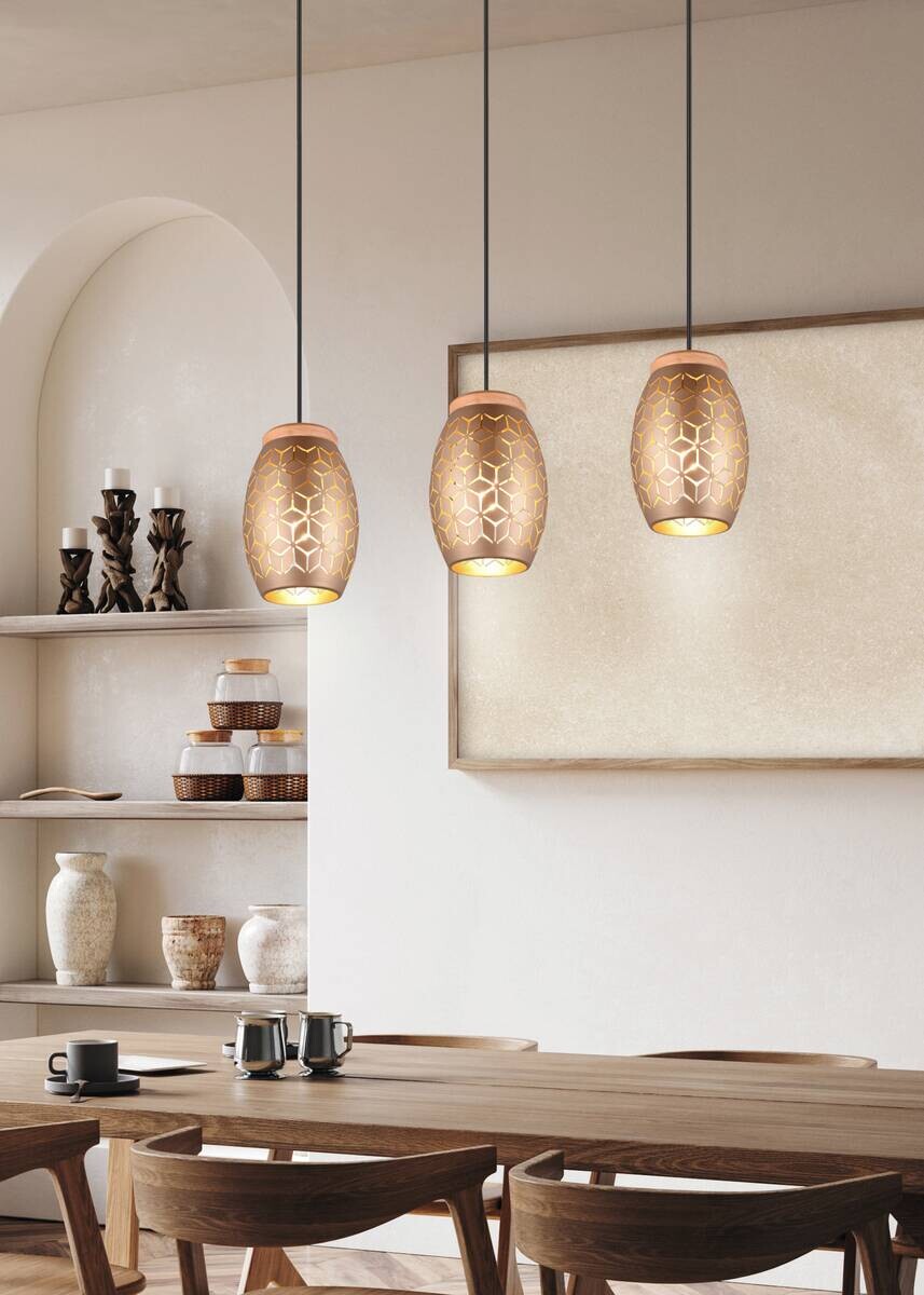 Reality Pendelleuchte Bidar gold Metall Holz B/H/L/D: ca. 71x150x15x15 cm E27 3 Brennstellen