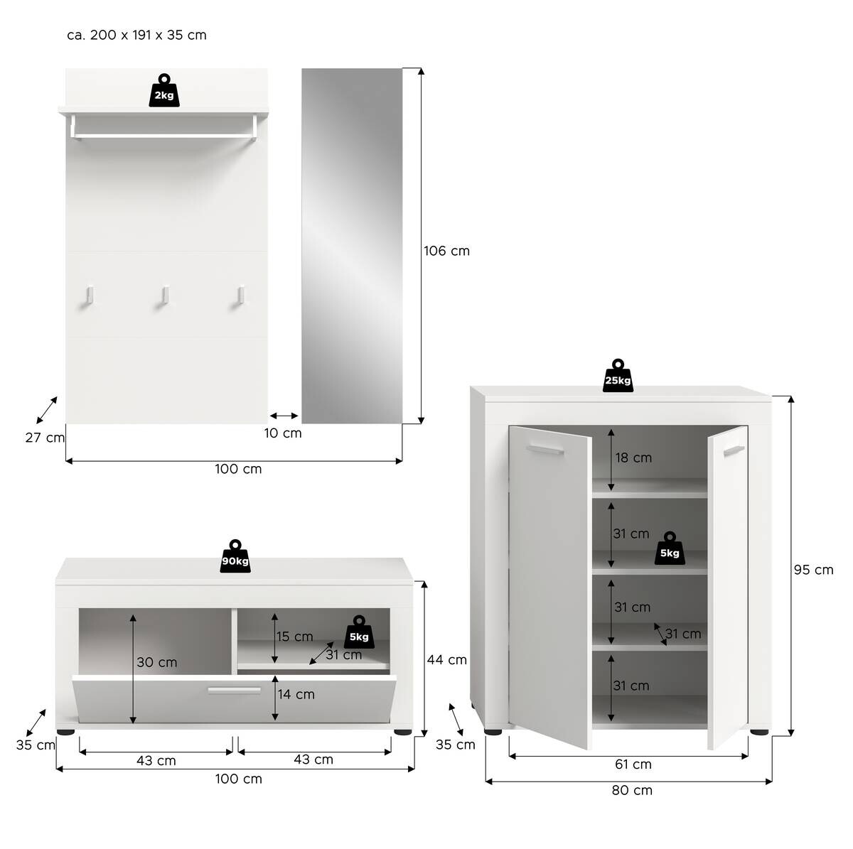Garderobe JAM weiß B/H/T: ca. 200x191x35 cm