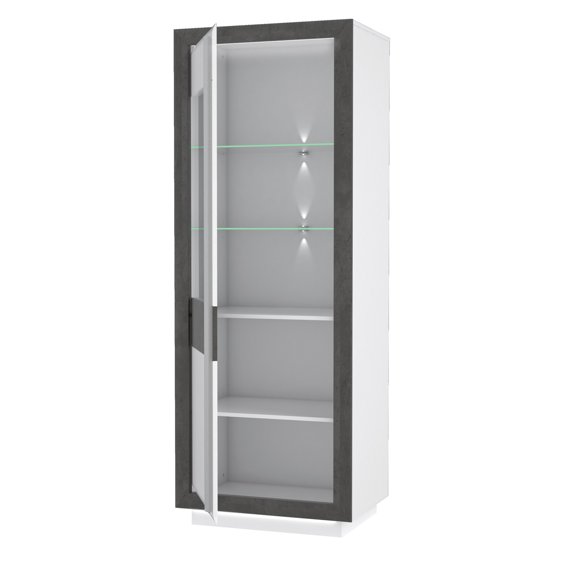 Vitrine  weiß Hochglanz Beton dunkel Optik B/H/T: ca. 73x197x53 cm
