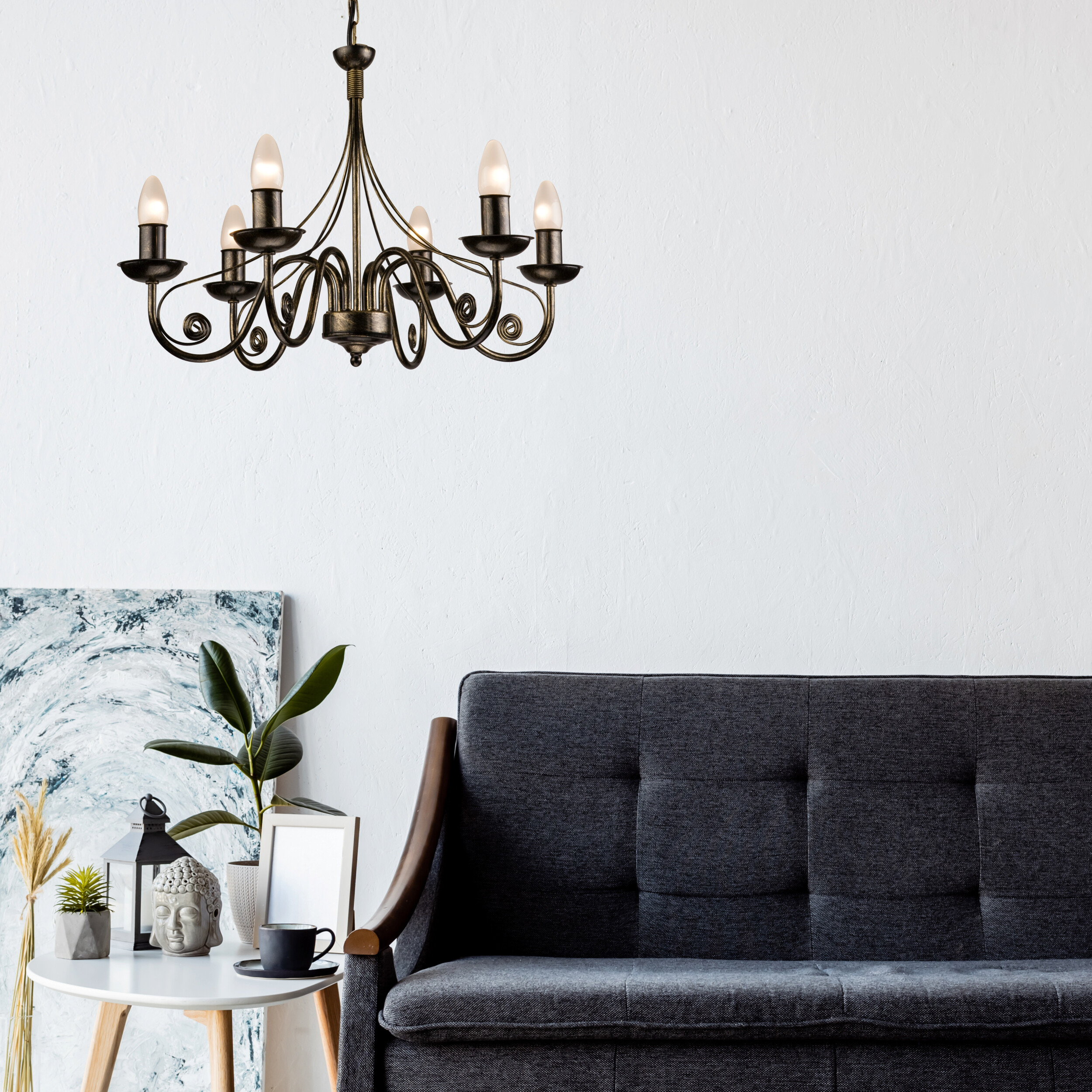 Lamkur Kronleuchter Donato schwarz Stahl B/H/L: ca. 57x72x57 cm E14 6 Brennstellen