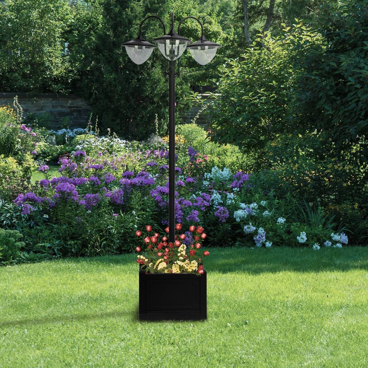 Solarlaterne mit Blumentopf schwarz Aluminium Edelstahl Polypropylen B/H/L: ca. 55x189x60 cm