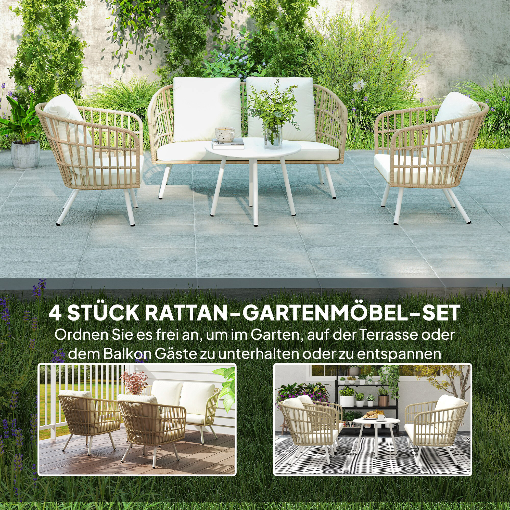Outsunny Rattan Gartenmöbel-Set khaki Polyethylen B/H/L: ca. 65x69x132 cm