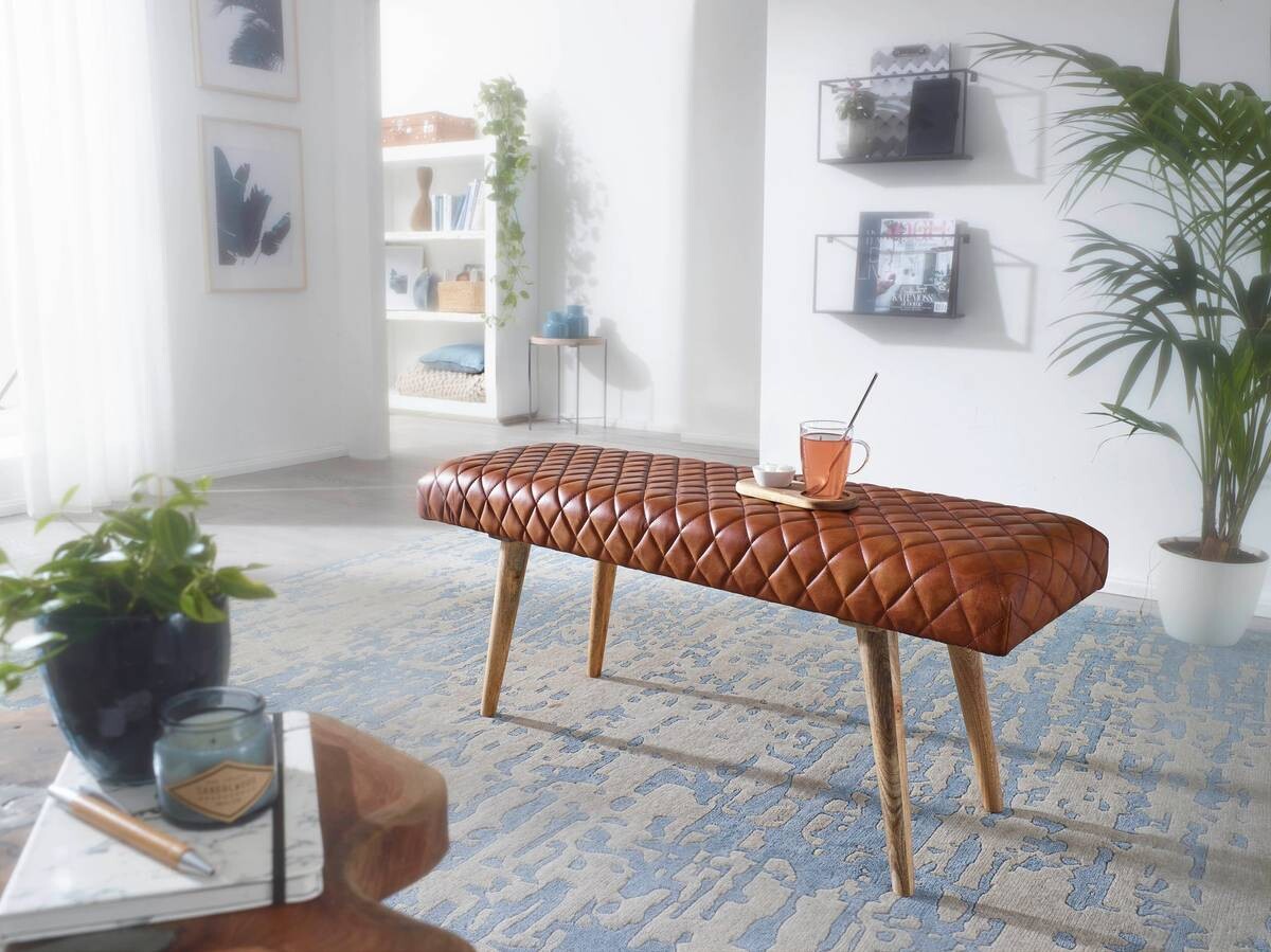 Wohnling Sitzbank braun natur Leder Echtholz B/H/T: ca. 115x53x38 cm