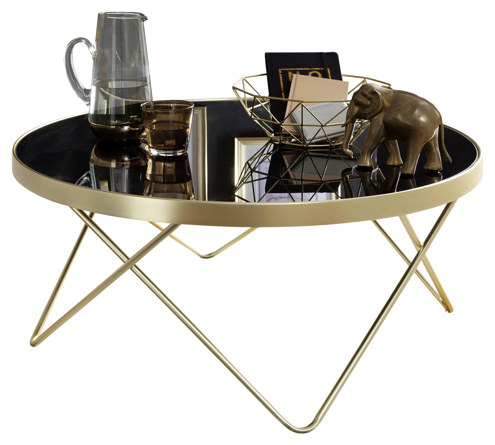 Wohnling Couchtisch schwarz gold Glas Stahl H/D: ca. 39x82 cm