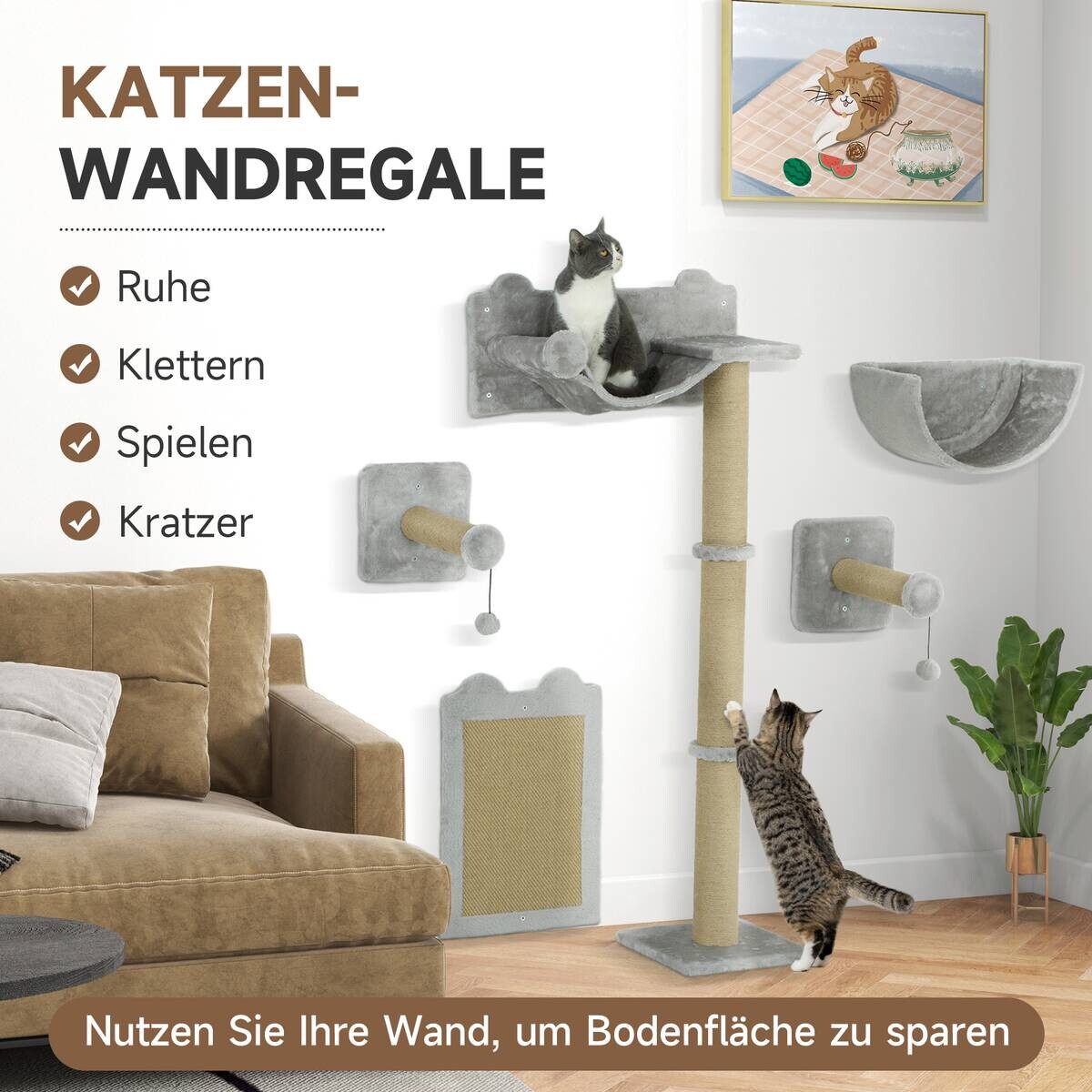 PawHut Katzen Kletterwand hellgrau Spanplatte B/H/L: ca. 32x140x60 cm