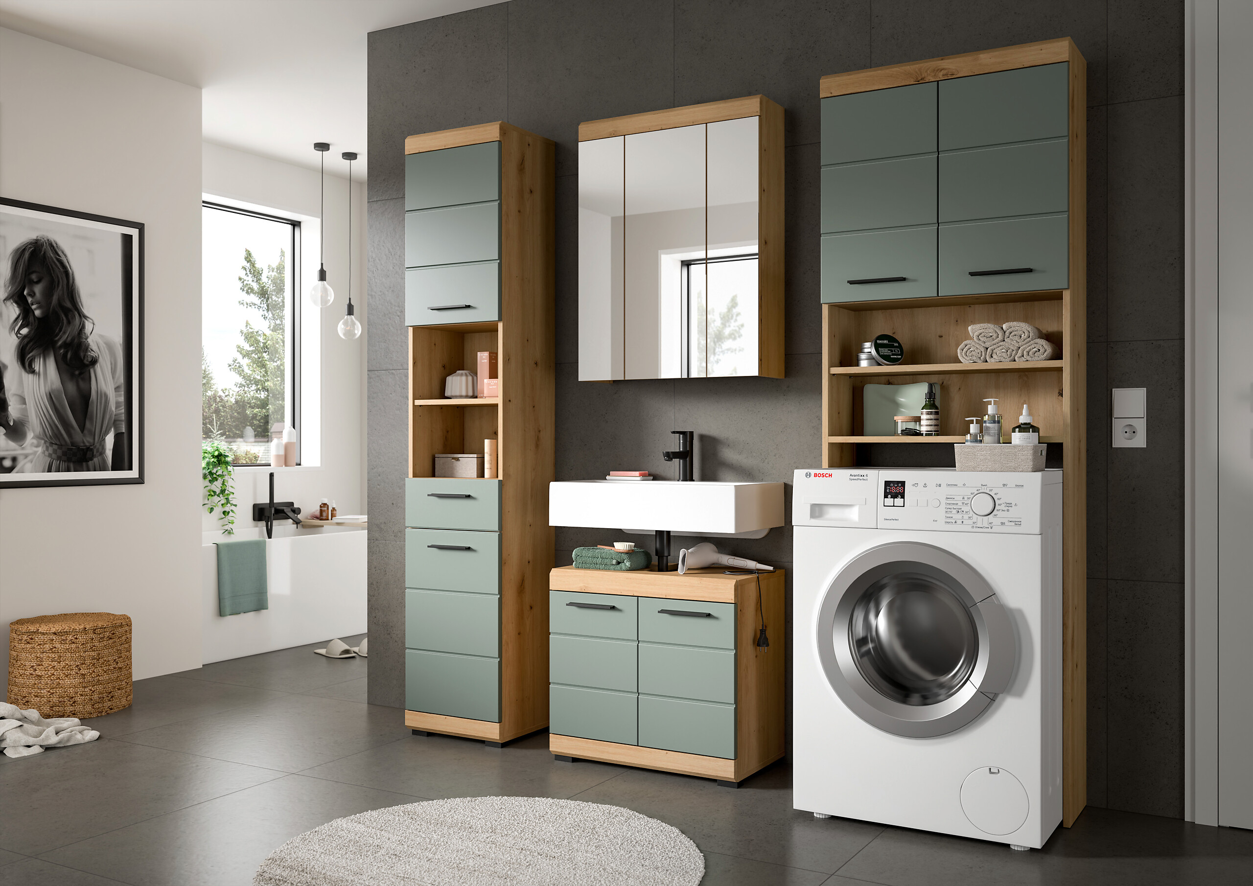 Badezimmer-Set Scout Eiche Artisan Nachbildung salbei Nachbildung B/H/T: ca. 190x191x34 cm