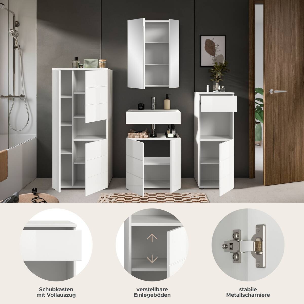 Badezimmer-Set VIRA weiß weiß Hochglanz B/H/T: ca. 188x190x34 cm