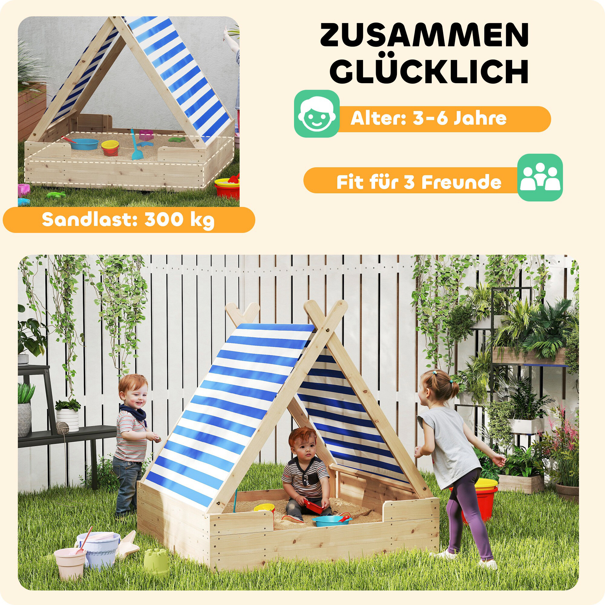 AIYAPLAY Sandkasten Holzoptik B/H/L: ca. 120x126,5x120 cm