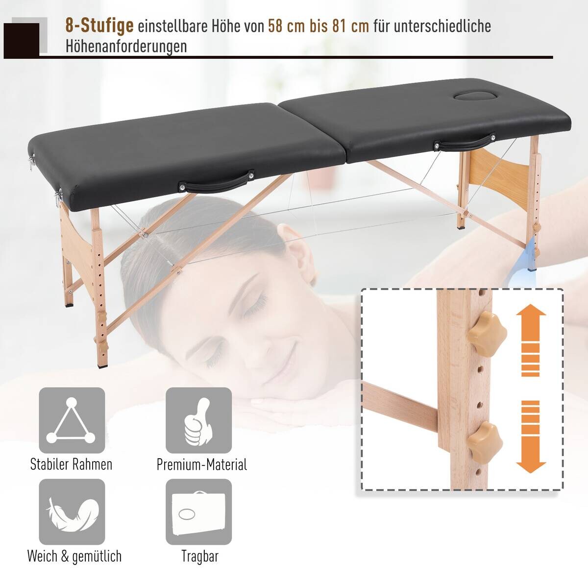 HOMCOM Massageliege schwarz Holz B/H/L: ca. 60x186x58 cm