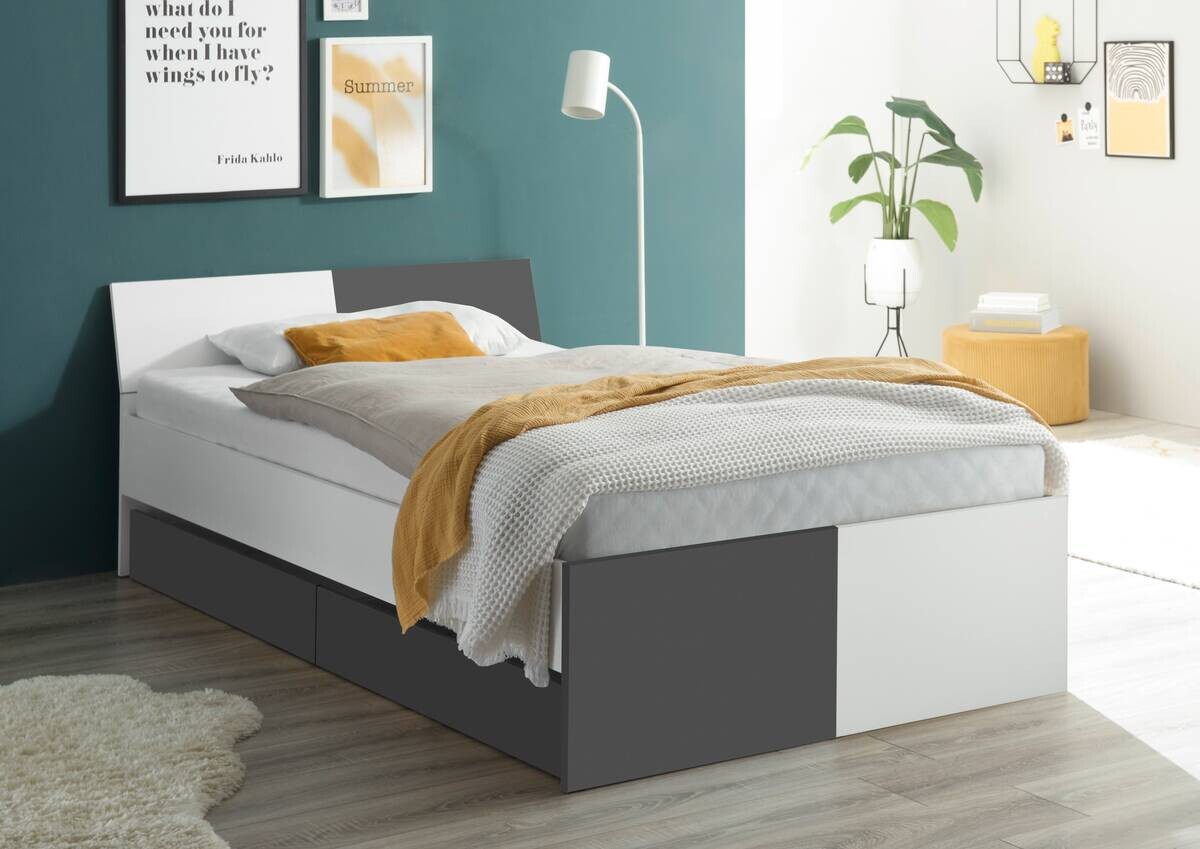 Jugendbett Alex weiß Graphit B/H/T: ca. 124x73x204 cm Liegefläche B/L: ca. 120x200 cm