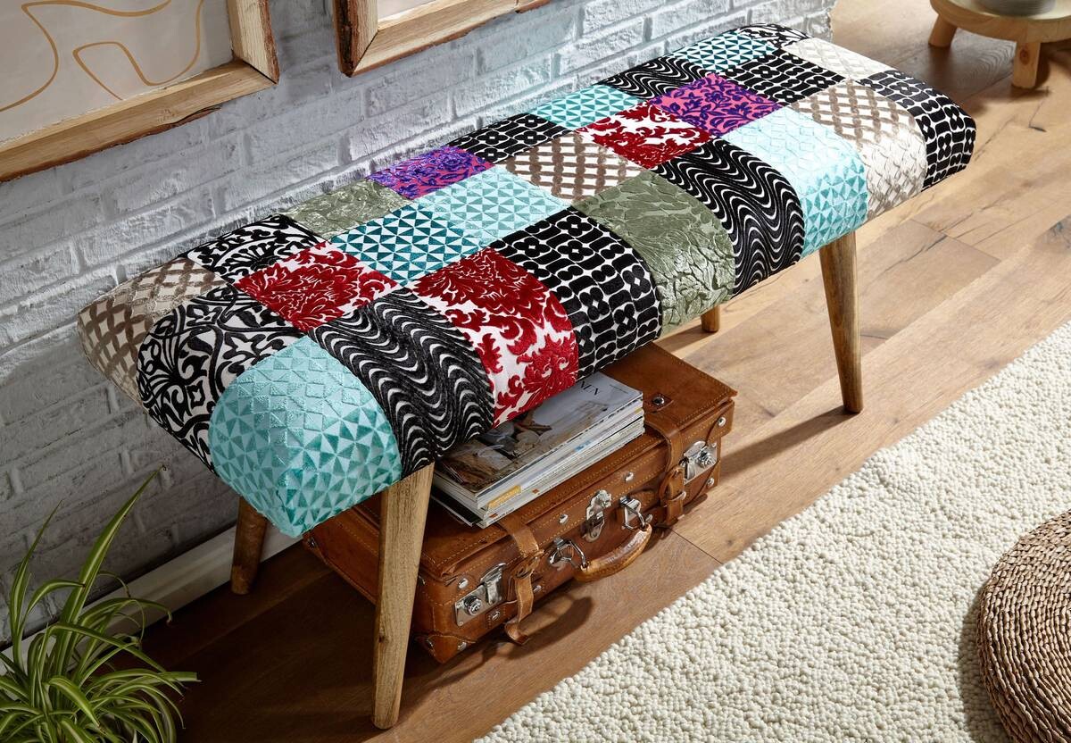 Wohnling Sitzbank bunt natur Stoff Echtholz B/H/T: ca. 117x51x38 cm