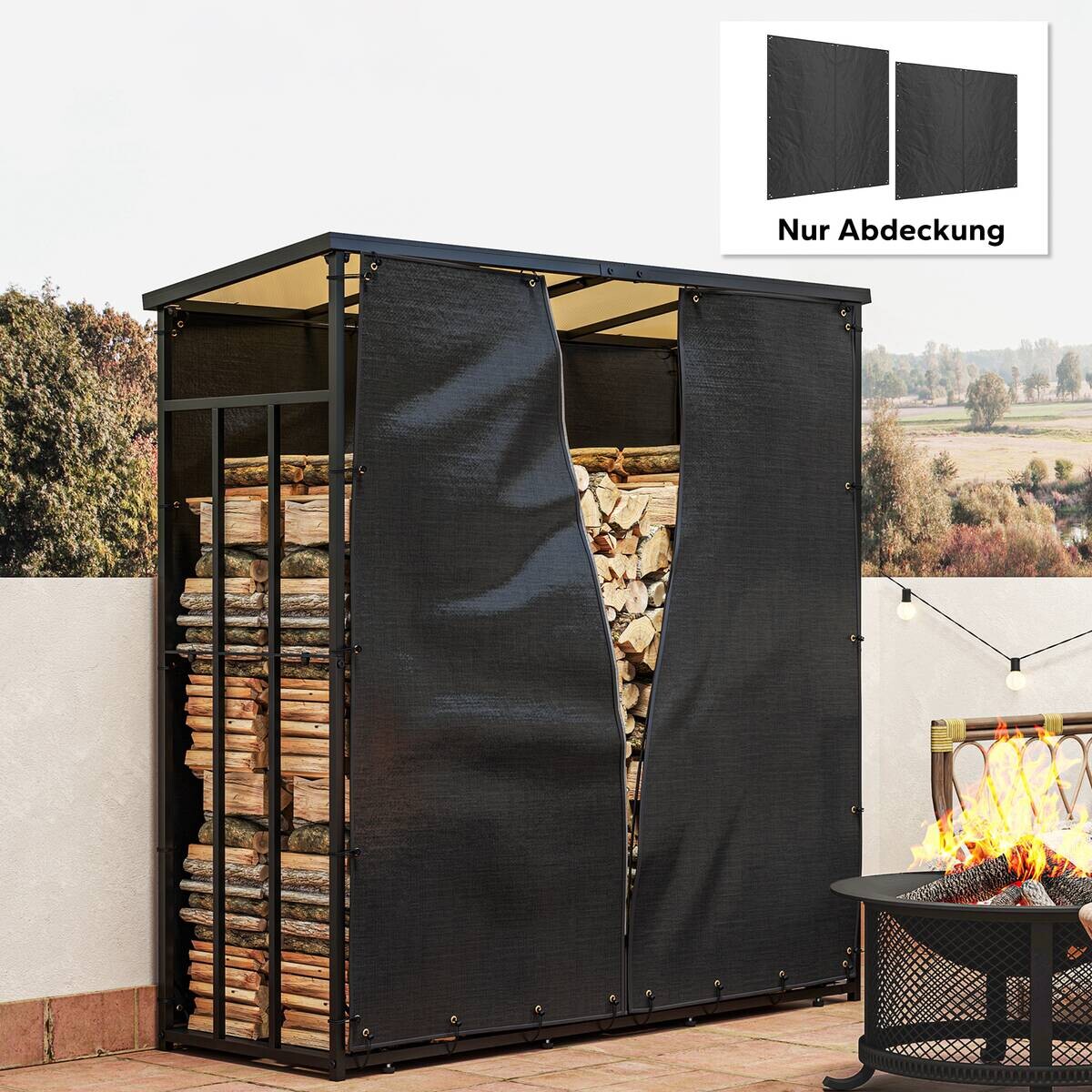 Outsunny Kaminholzregal Abdeckung schwarz Polyester B/H/L: ca. 1x173x174 cm