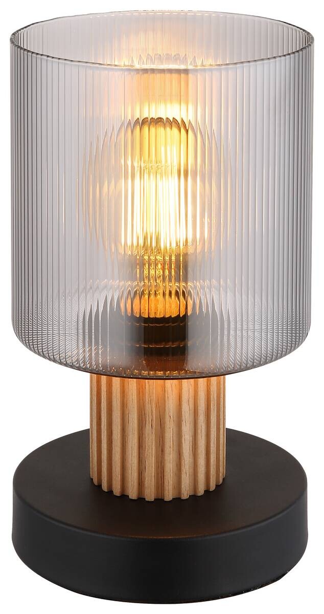 GLOBO Tischleuchte schwarz Rauch dunkelbraun Glas Holz Metall H/D: ca. 21x12 cm E27 1 Brennstellen