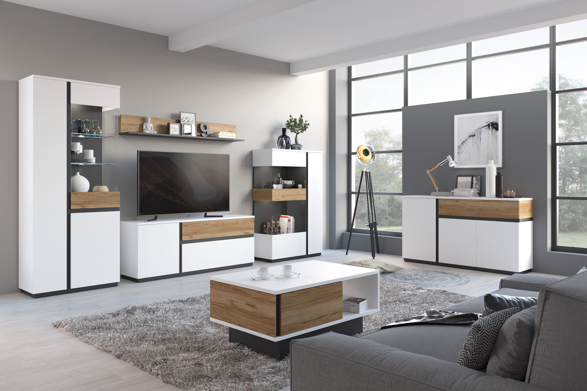 Standvitrine Novena weiß Eiche Catania Nachbildung schwarz matt B/H/T: ca. 84x200x40 cm