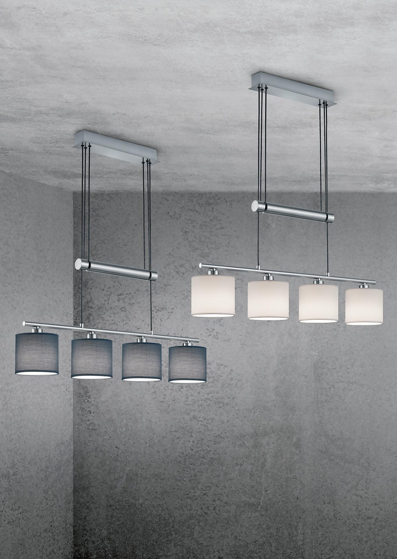 TRIO Pendelleuchte Garda nickel matt weiß Metall Textil B/H/T: ca. 77x150x13 cm E14 4 Brennstellen