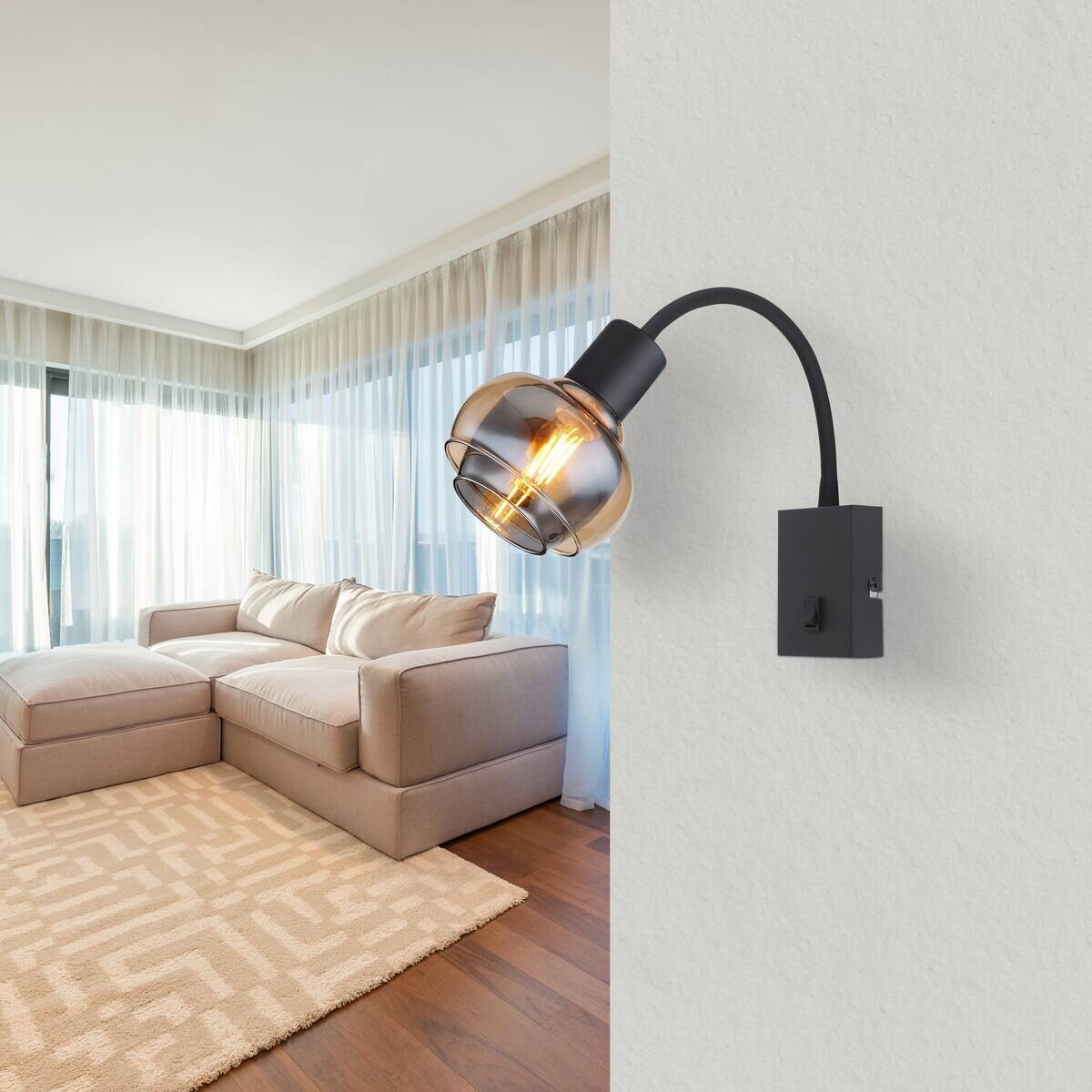 GLOBO Wandleuchte Rauch schwarz Metall Glas B/H: ca. 10,5x46,5 cm E14 1 Brennstellen