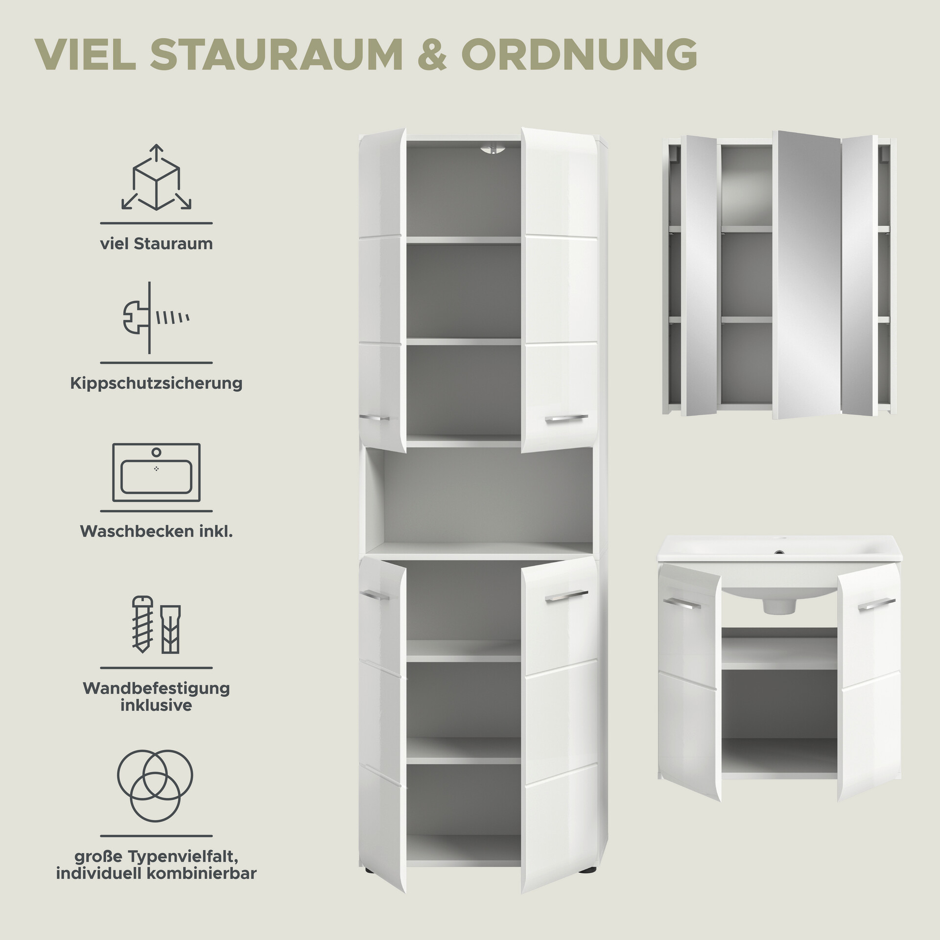 Badezimmer-Set Ice weiß weiß Hochglanz B/H/T: ca. 135x185x46 cm