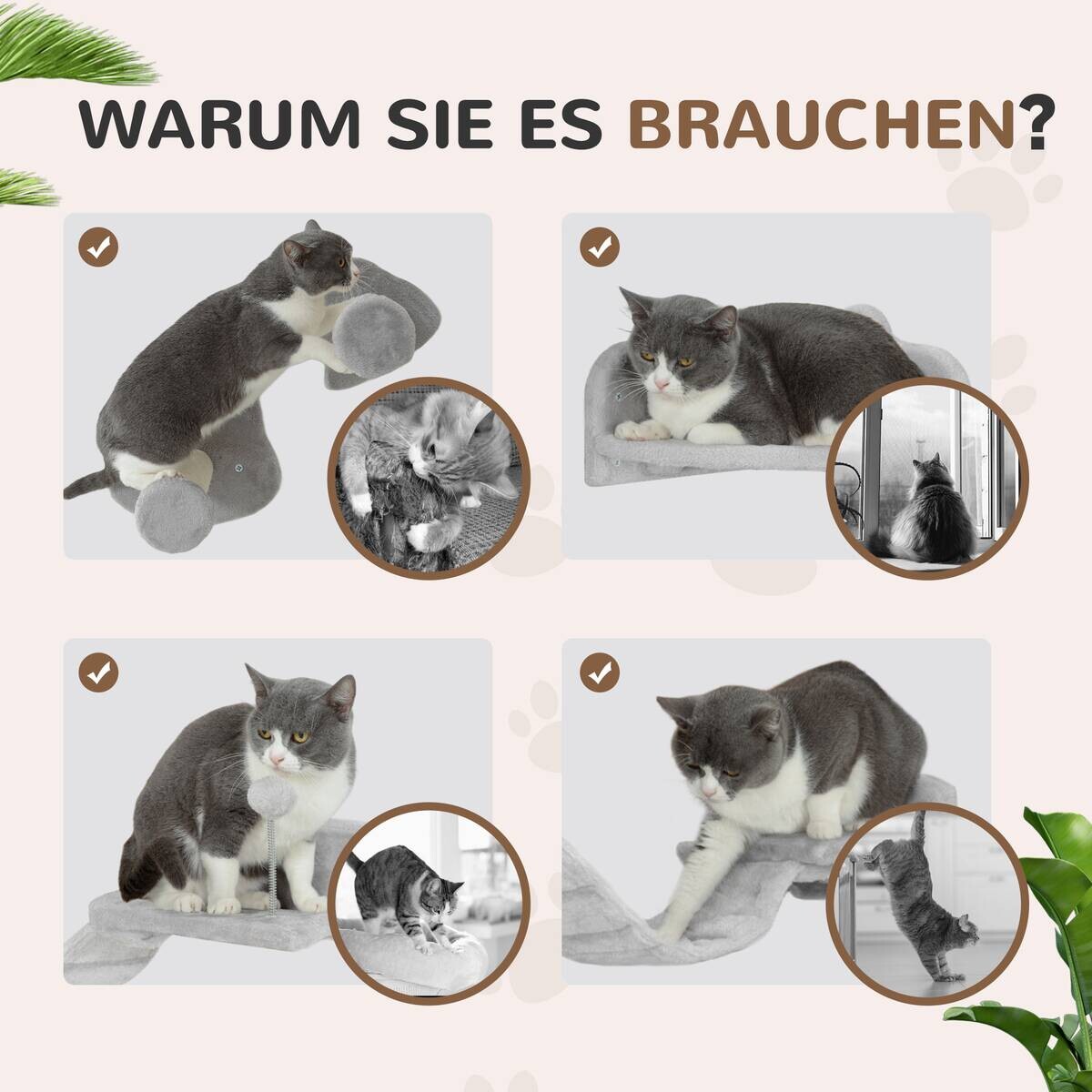 PawHut Katzen Kletterwand Set hellgrau Plüsch B/H/L: ca. 26x12,5x90 cm