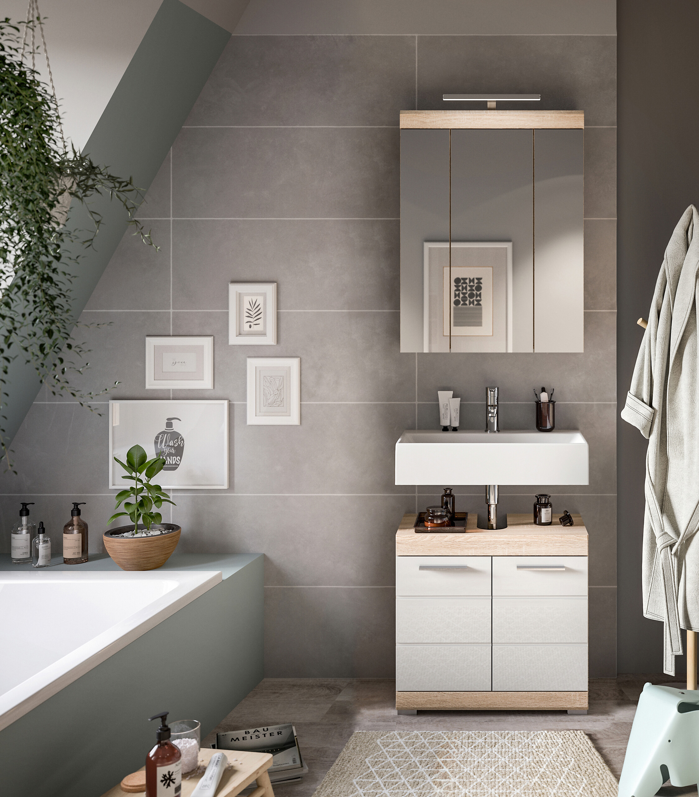 Badezimmer-Set Lambada Eiche Sonoma Nachbildung weiß Hochglanz B/H/T: ca. 60x191x34 cm