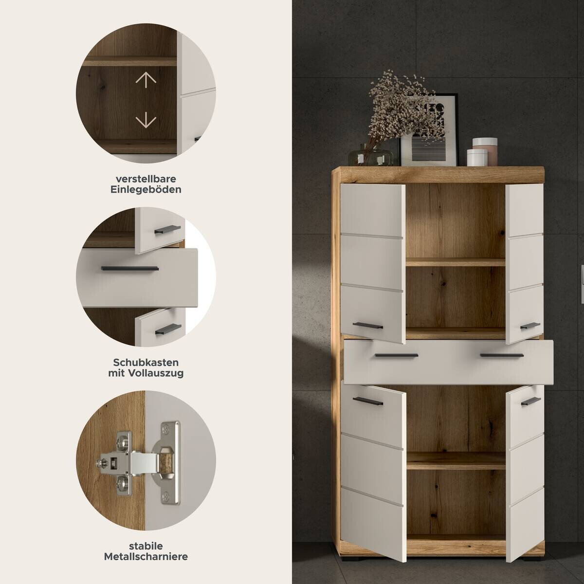 Midischrank Scout Evoke Oak Nachbildung Kaschmirgrau Nachbildung B/H/T: ca. 74x141x31 cm