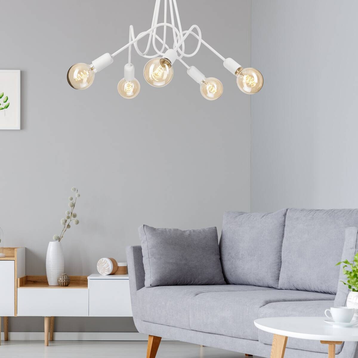 Lamkur Kronleuchter weiß Stahl B/H/L: ca. 39x54x54 cm E27 5 Brennstellen