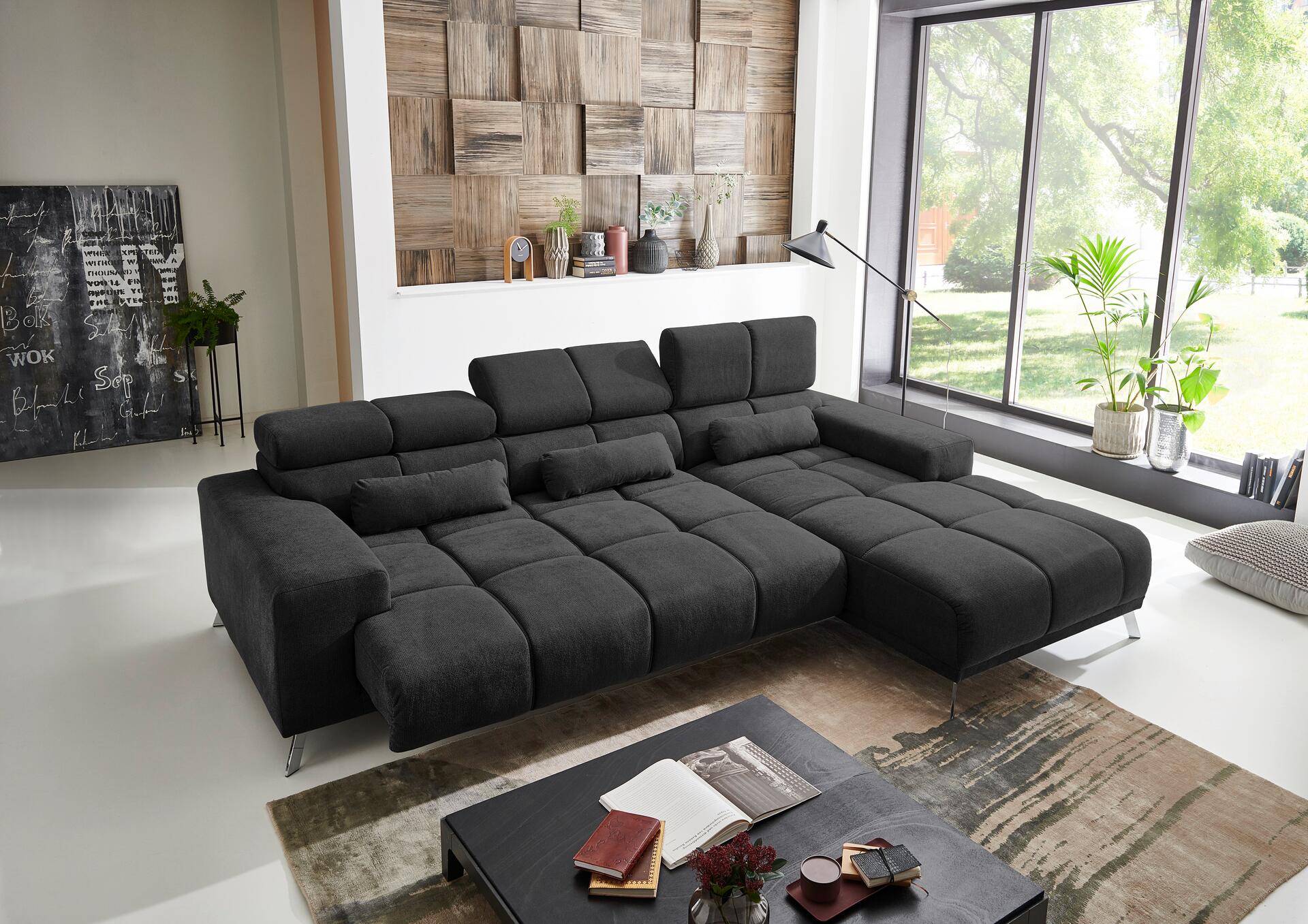 Ecksofa mit elektrischer Sitztiefenverstellung schwarz Flachgewebe B/H/T: ca. 285x99x201 cm
