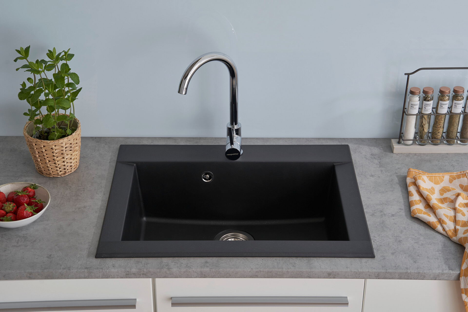 Respekta Einbauspüle Ohio 66 x 50 S schwarz Mineralite B/H/T: ca. 66x21x50 cm