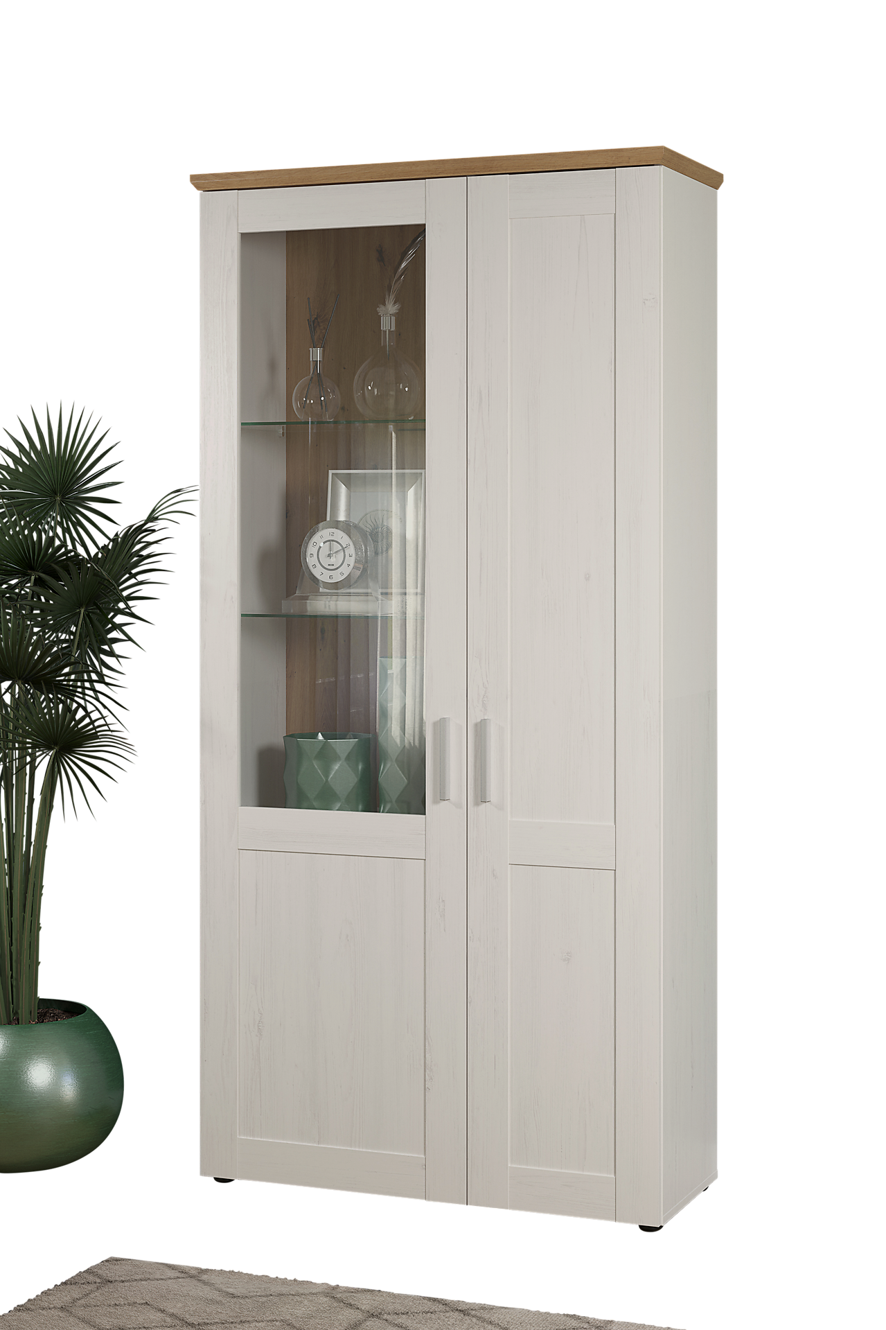 Standvitrine Shade weiß Pinie Nachbildung Eiche Artisan Nachbildung B/H/T: ca. 95x194x38 cm