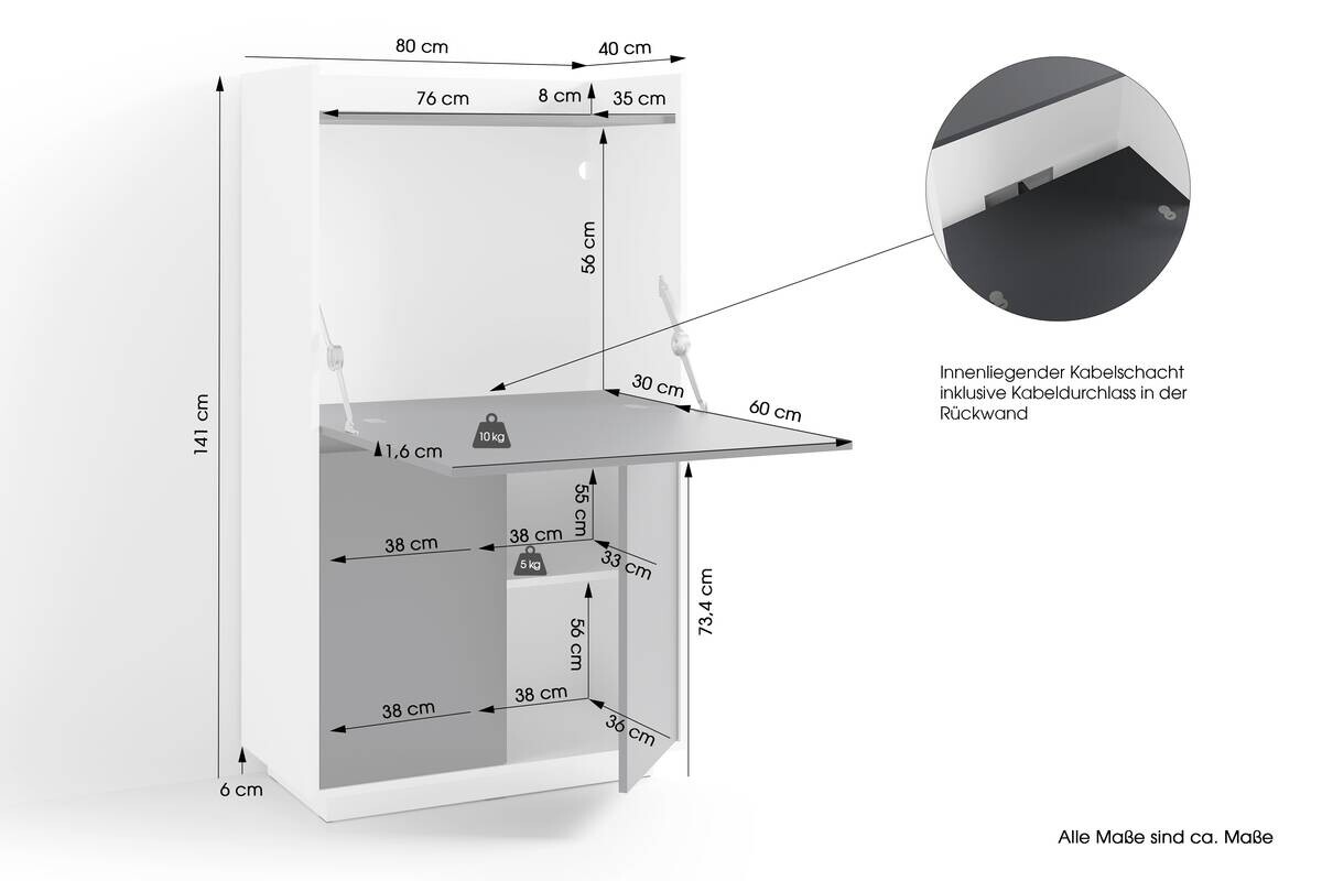 Sekretär HANNES weiß anthrazit B/H/T: ca. 80x141x40 cm