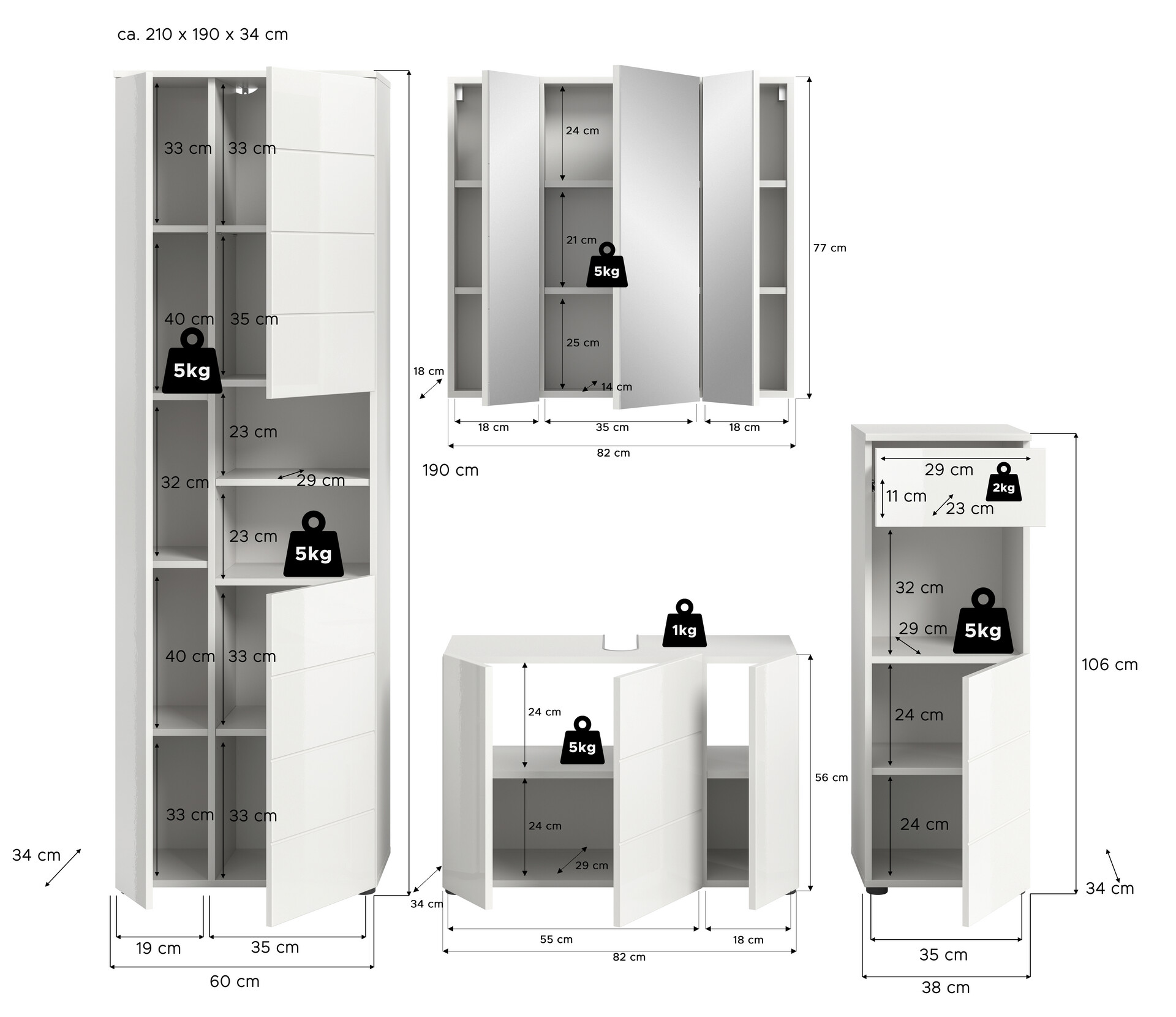 Badezimmer-Set VIRA weiß weiß Hochglanz B/H/T: ca. 210x190x34 cm