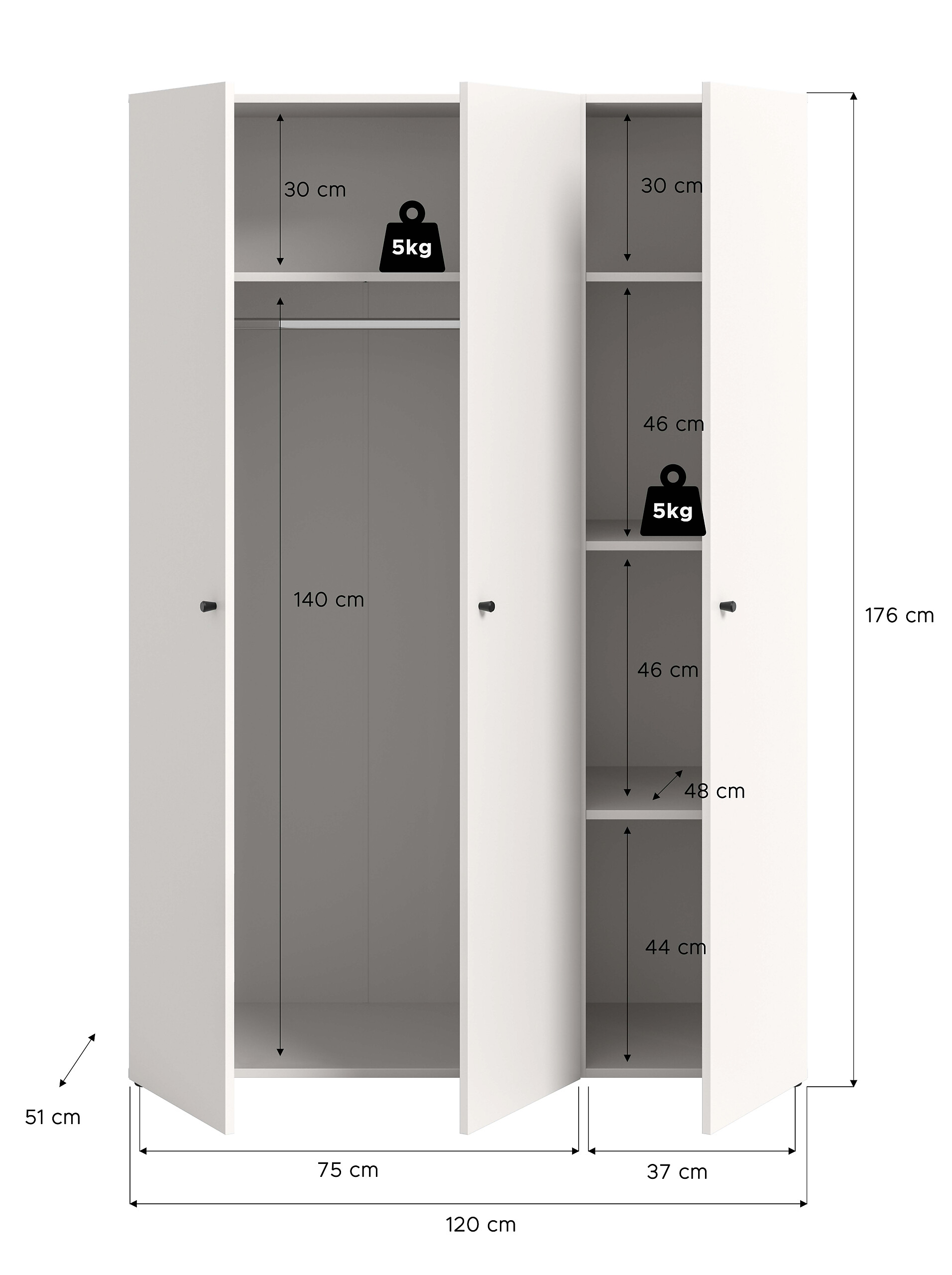 Kleiderschrank DARWIN weiß B/H/T: ca. 120x176x51 cm