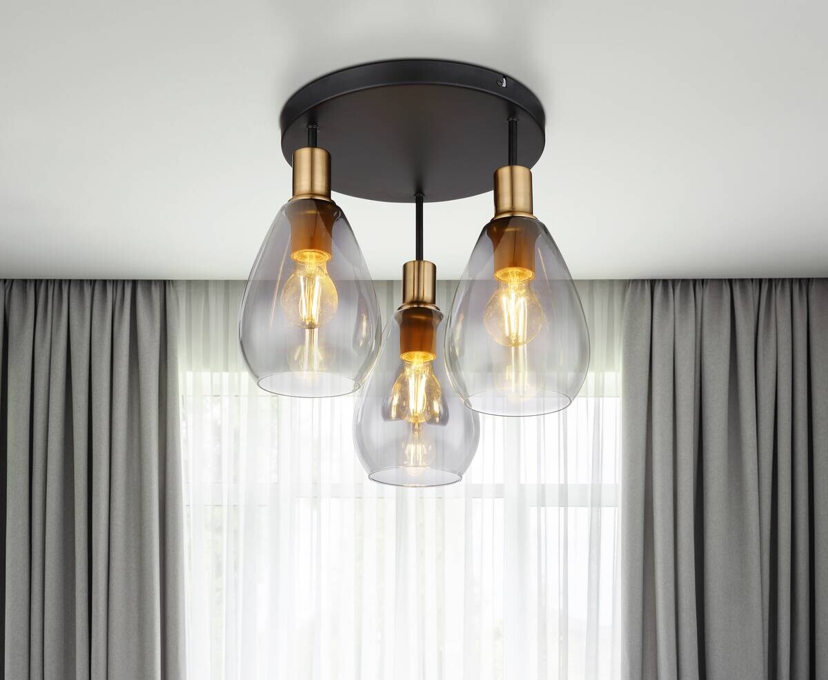 GLOBO Deckenleuchte Rauch schwarz Glas Metall H/D: ca. 38x38 cm E27 3 Brennstellen