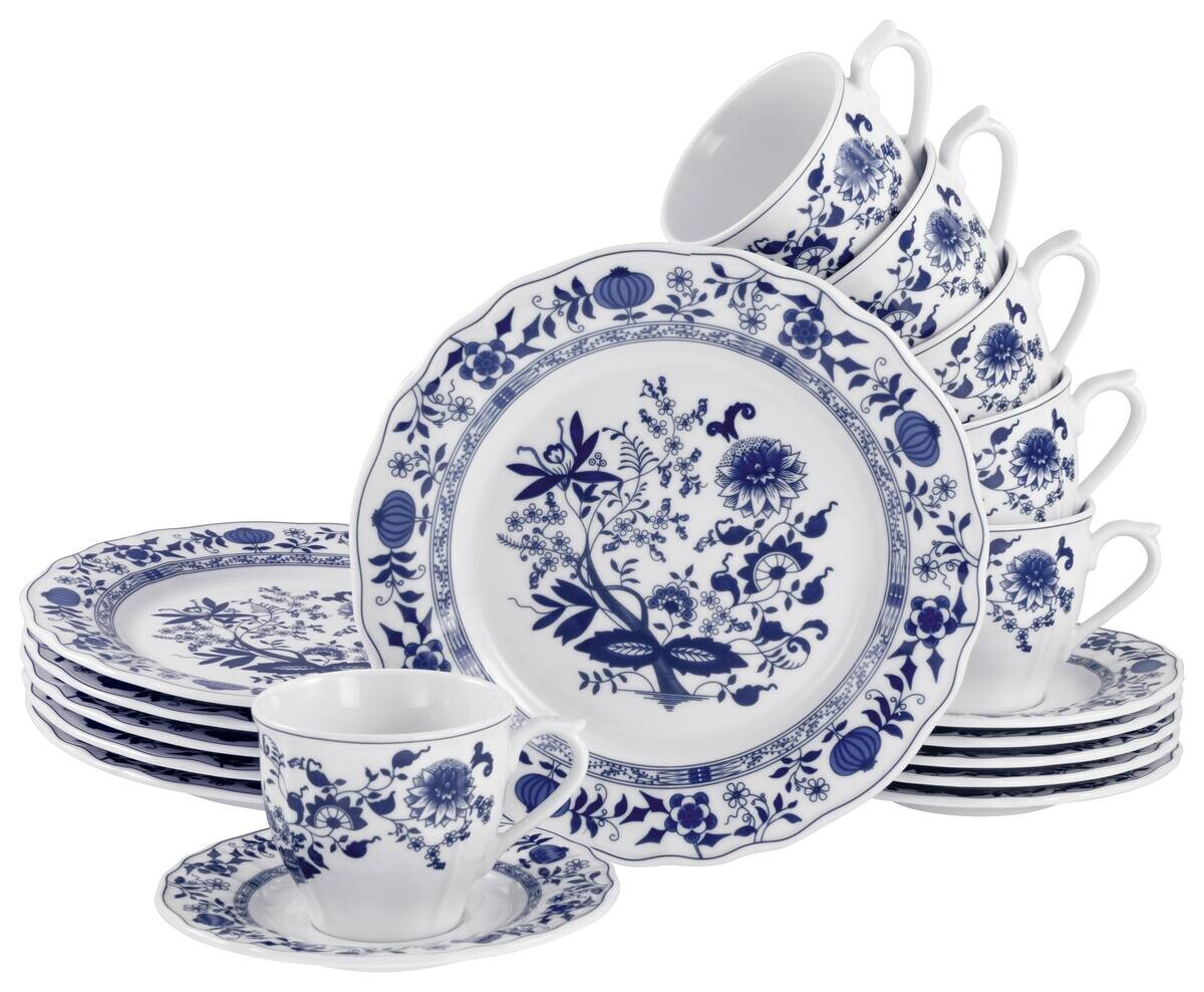 CreaTable Kaffeeservice Flora Zwiebelmuster blau Porzellan 18 tlg.
