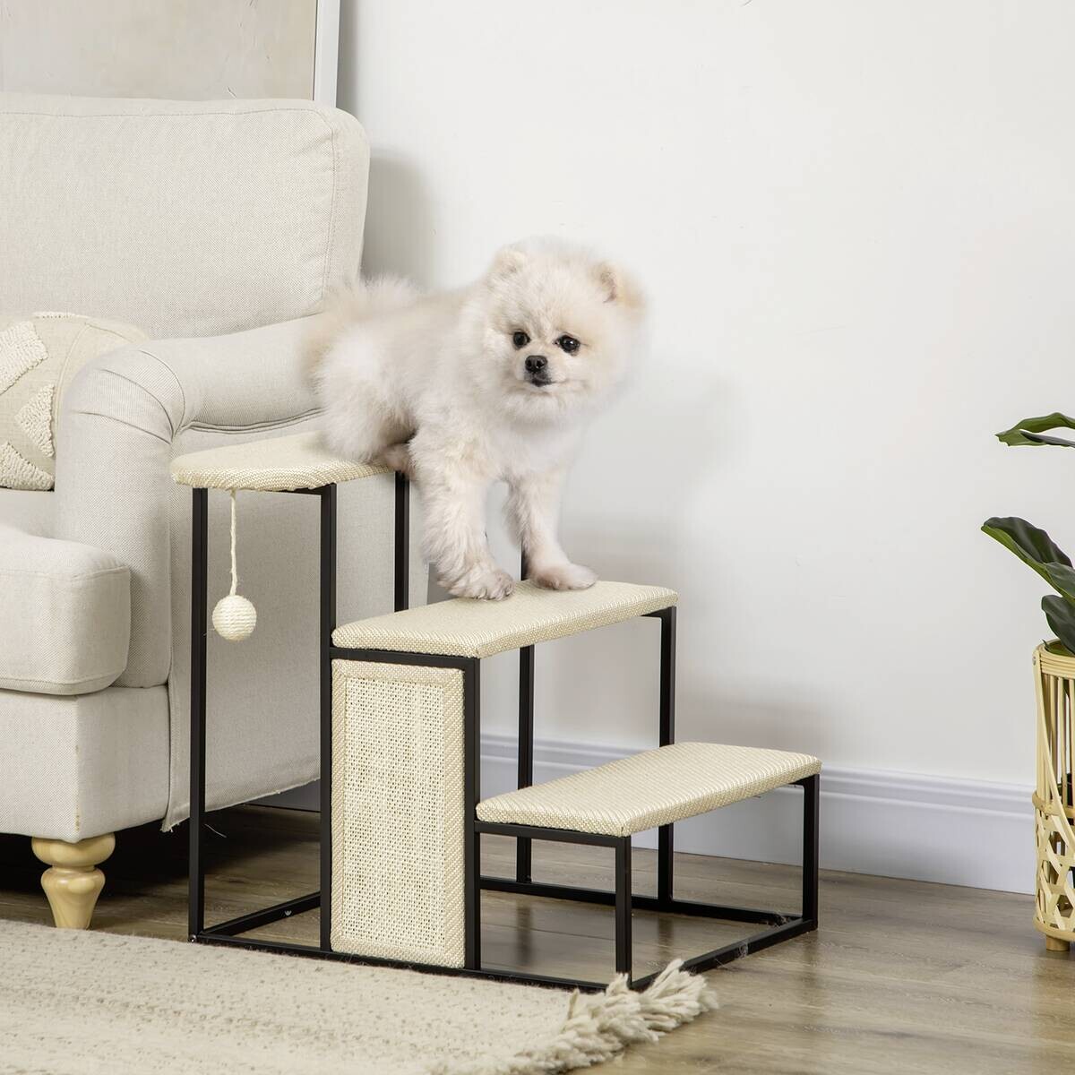 PawHut 3-stufige Haustiertreppe mit Kratzbrett schwarz Edelstahl B/H/L: ca. 54x51x53 cm