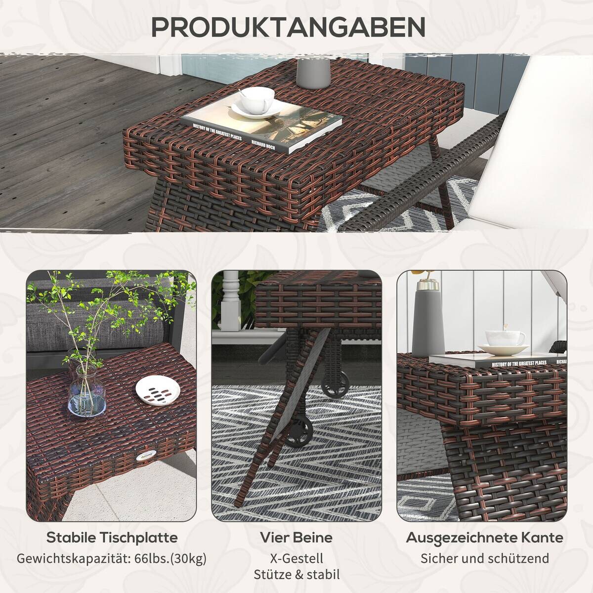 Outsunny Beistelltisch braun Polyrattan B/H/L: ca. 41x60x41 cm