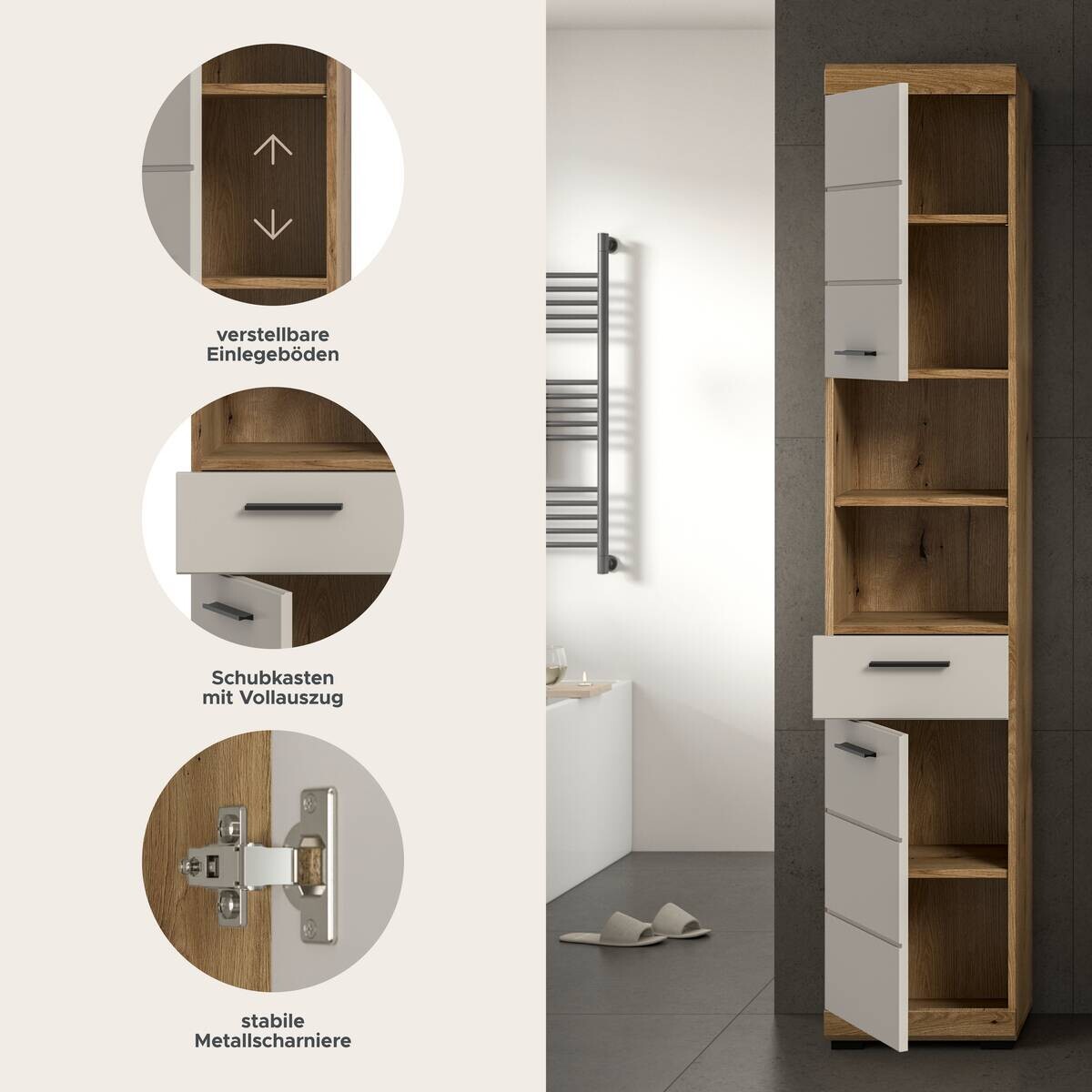 Badhochschrank Scout Evoke Oak Nachbildung Kaschmirgrau Nachbildung B/H/T: ca. 37x191x31 cm