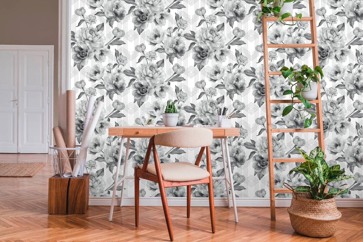 UGEPA Papiertapete Blumen grau weiß B/L: ca. 53x1005 cm glitzernd